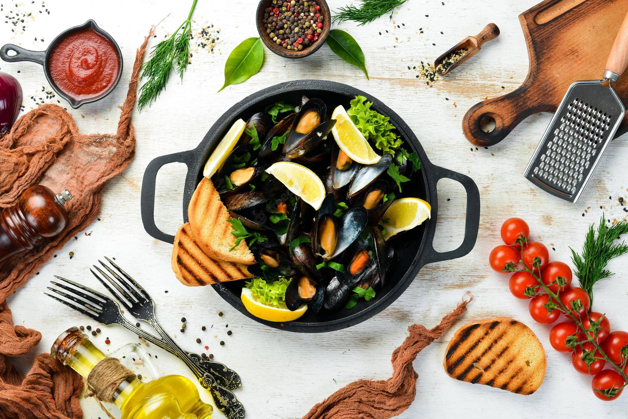 mussel, parsley, lemon, Full HD Desktop Wallpaper