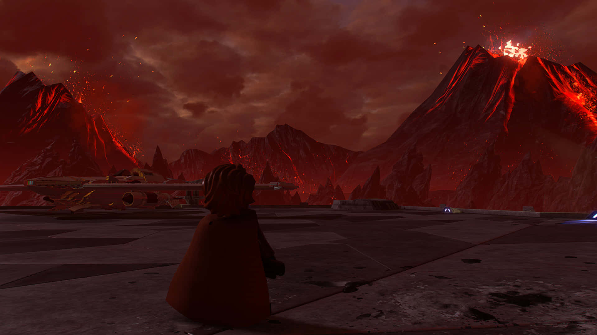Mustafar, hooded figure, glowing spaceship, HD Desktop Wallpaper