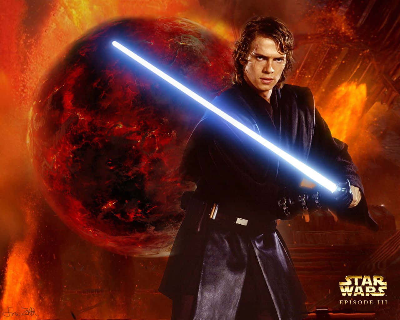 Mustafar, fiery red planet, glowing blue lightsaber, HD Desktop Wallpaper