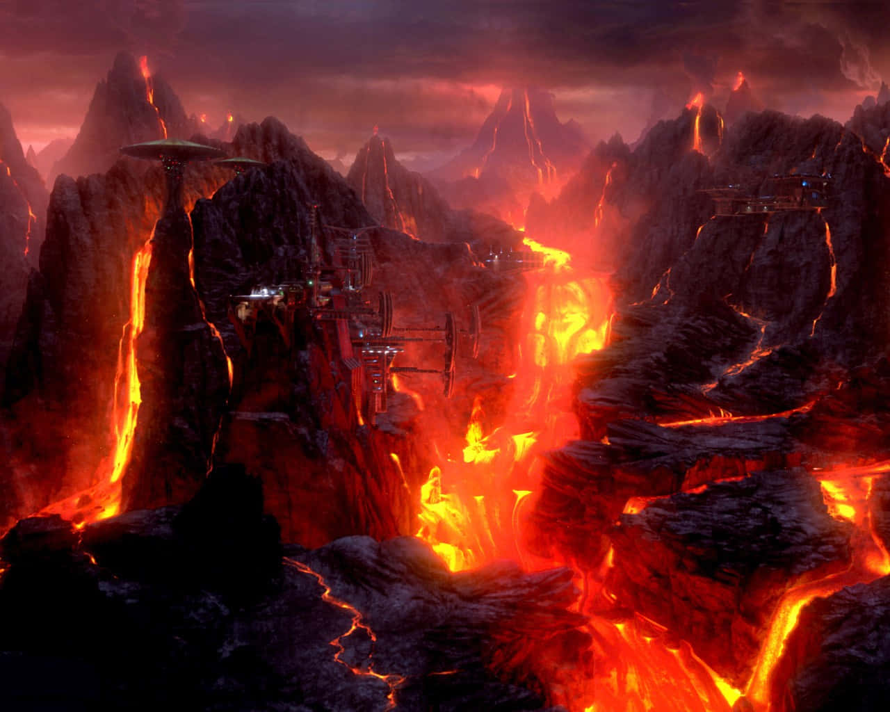 Mustafar, crimson sky, glowing lava rivers, HD Desktop Wallpaper