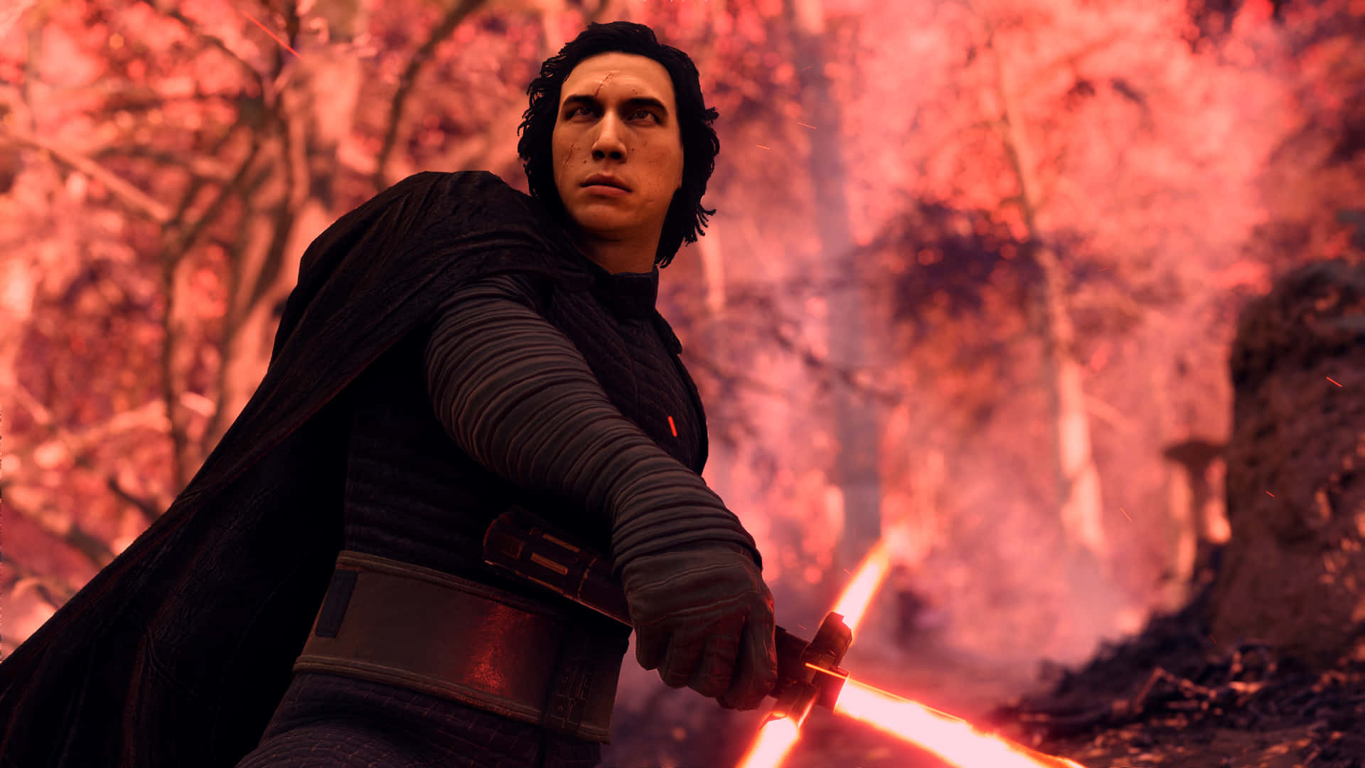 Mustafar, black robes, glowing red lightsaber, Full HD Desktop Wallpaper
