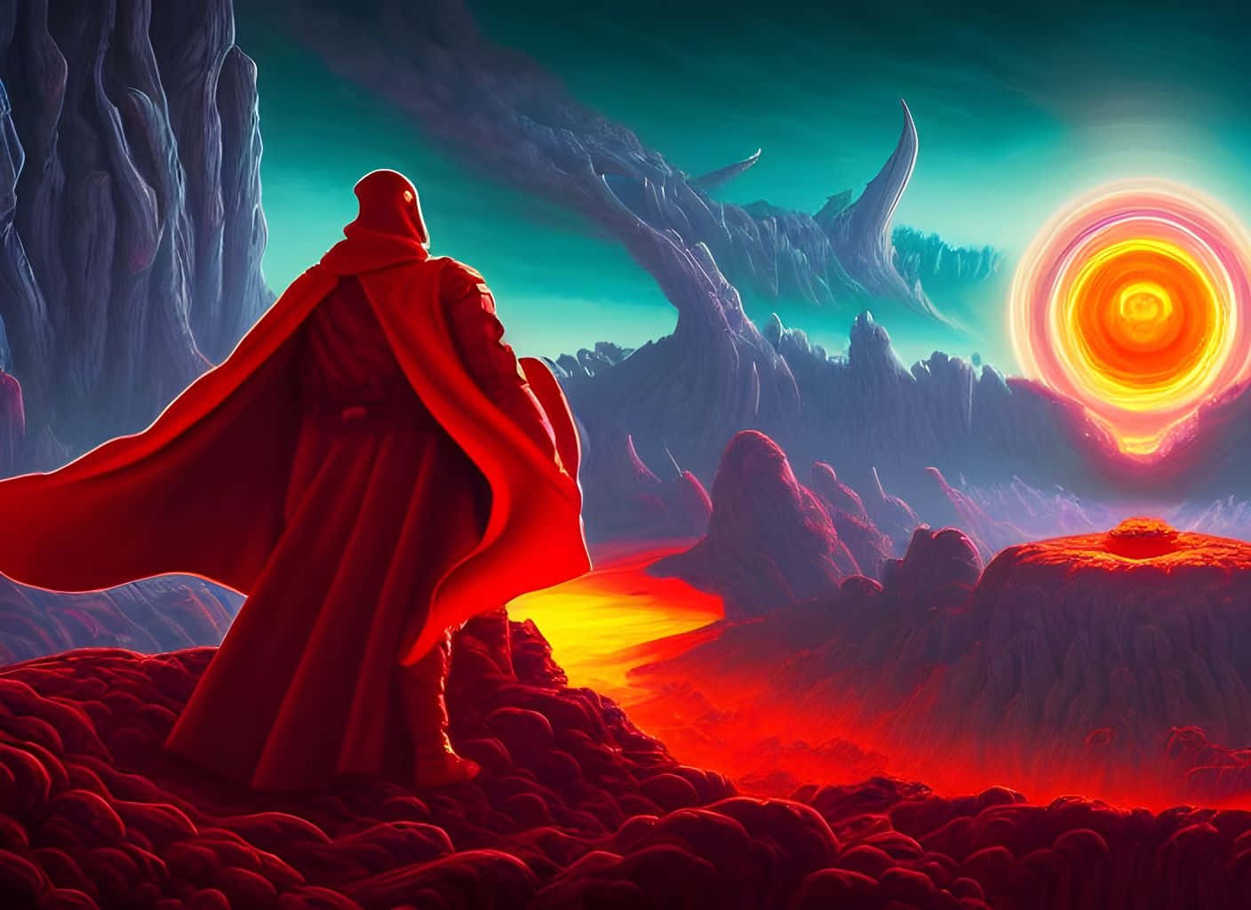 Mustafar, lava field, swirling orange sun, HD Desktop Wallpaper