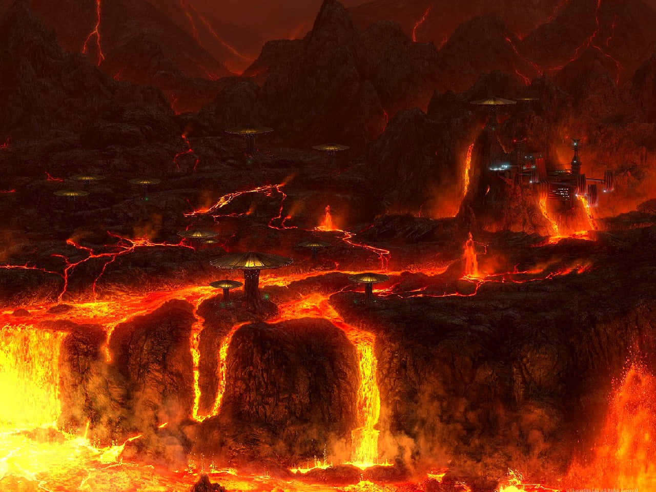 Mustafar, fiery volcanic landscape, glowing lava rivers, HD Desktop Wallpaper
