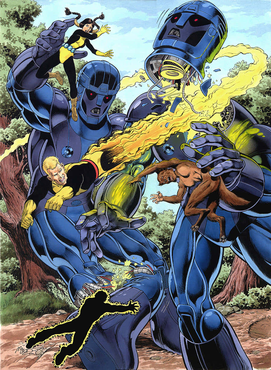 Mutants, blue armored robots, yellow energy blasts, SD Phone Wallpaper