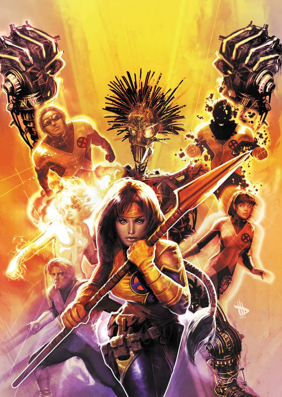 X-Men, comic book illustration, yellow and orange background, SD Phone Wallpaper