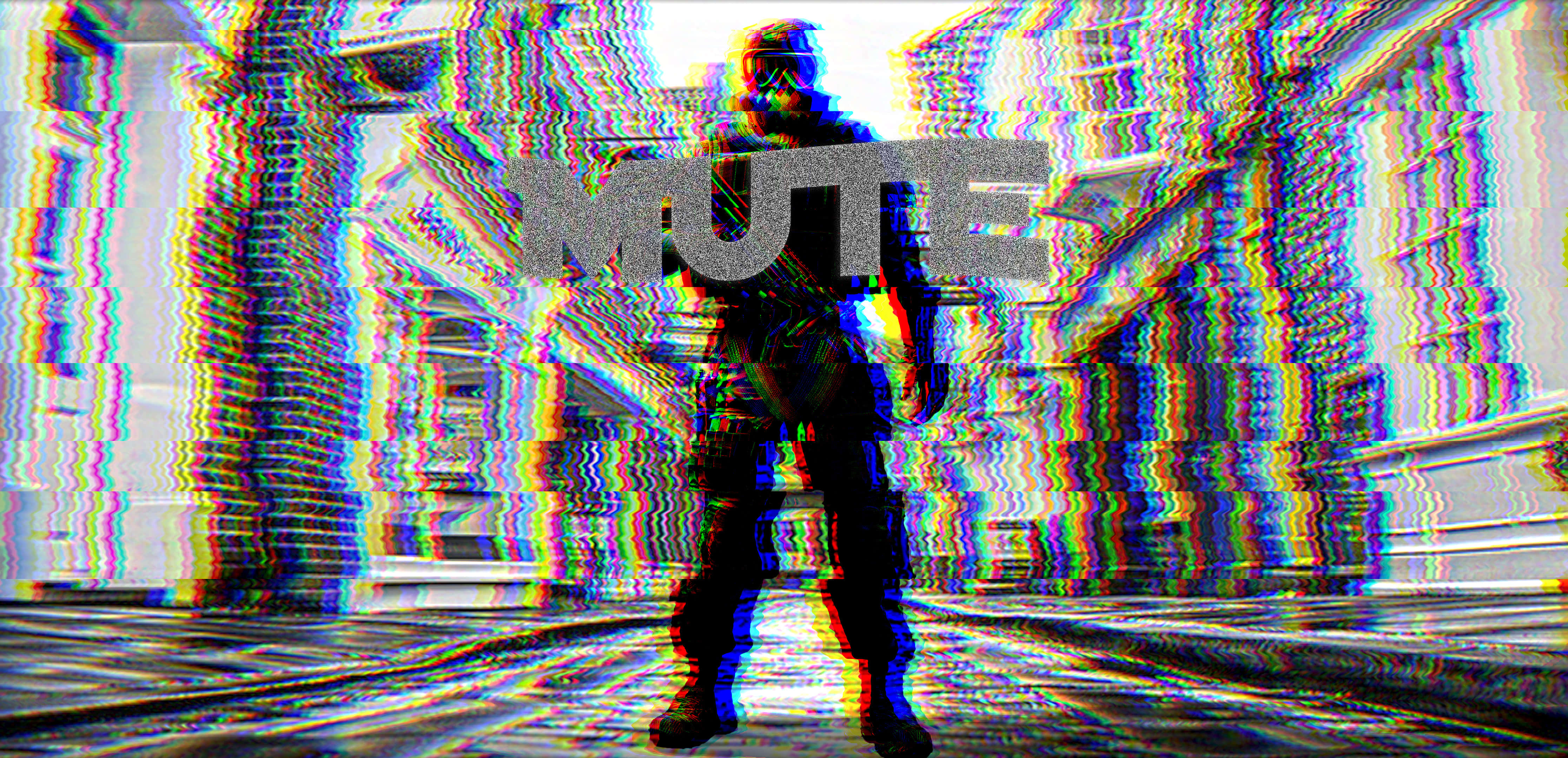 Mute, glitched figure, distorted urban alley, 4K Desktop Wallpaper