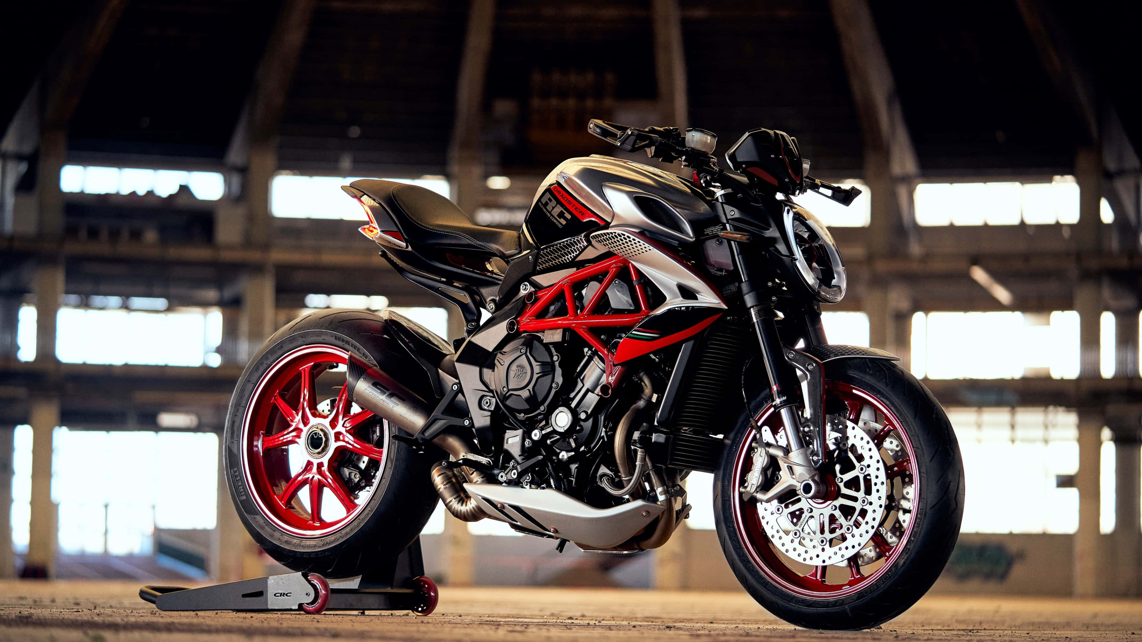 MV Agusta, sleek black and red sport motorcycle, striking red wheels, 4K Desktop Wallpaper