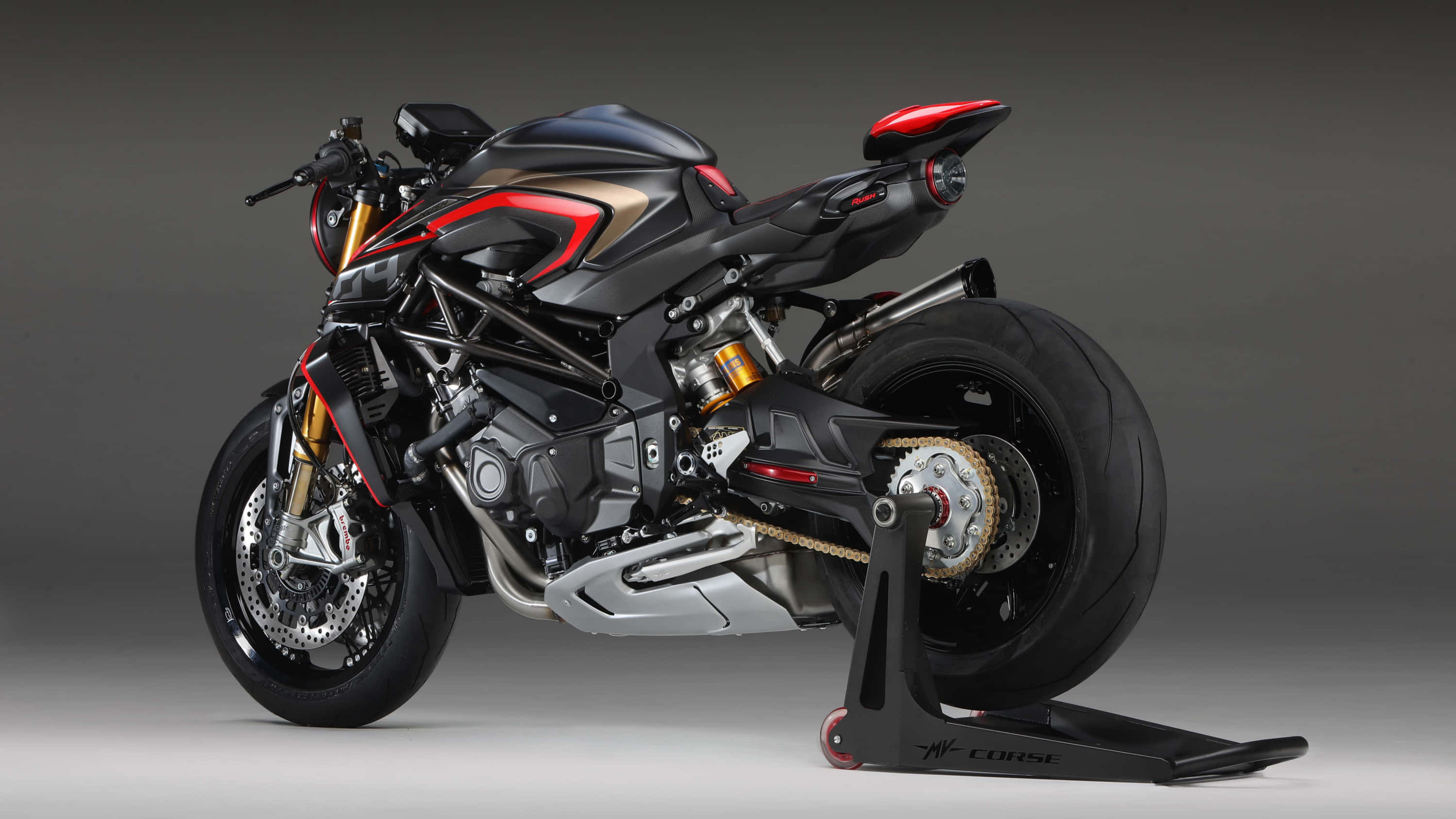 MV Agusta, sleek black and red sport motorcycle, gold accents, 2K Desktop Wallpaper