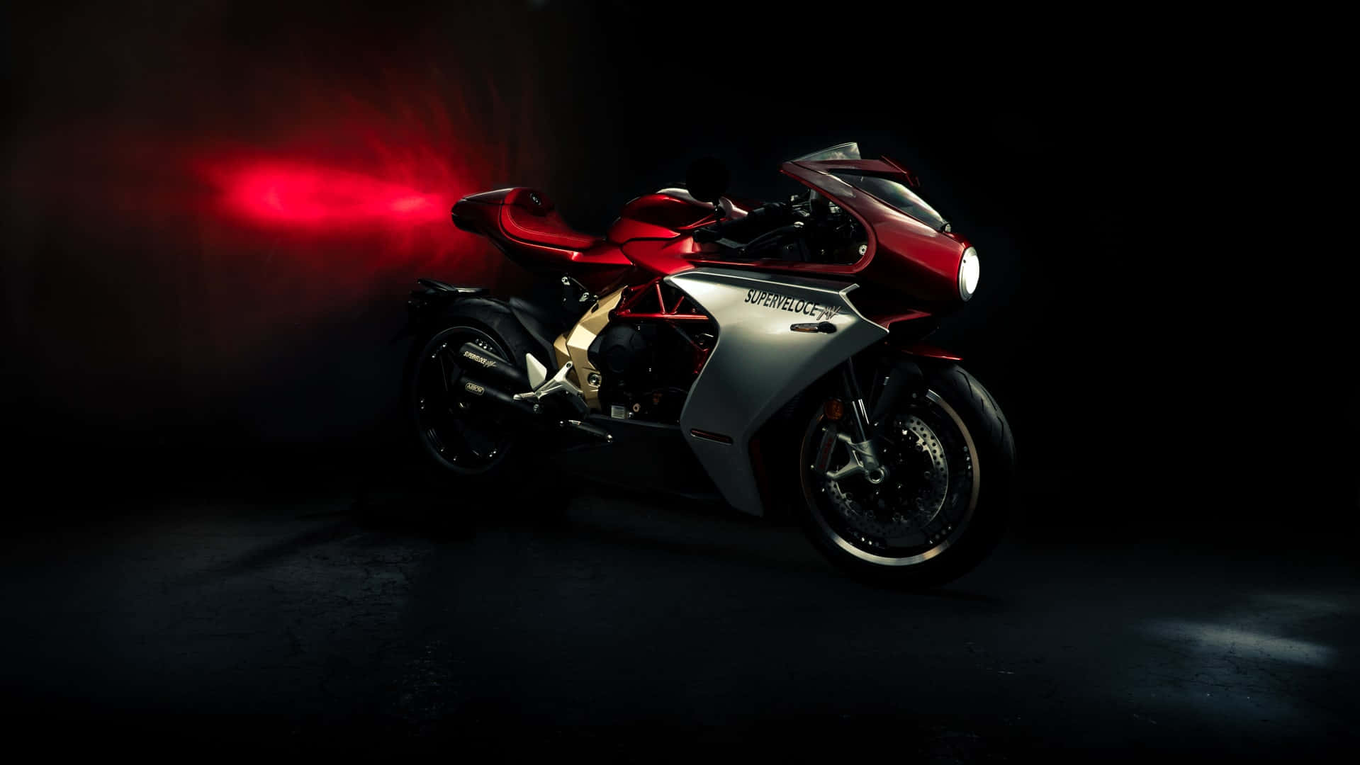 MV Agusta, sleek red and silver motorcycle, dramatic studio lighting, HD Desktop Wallpaper