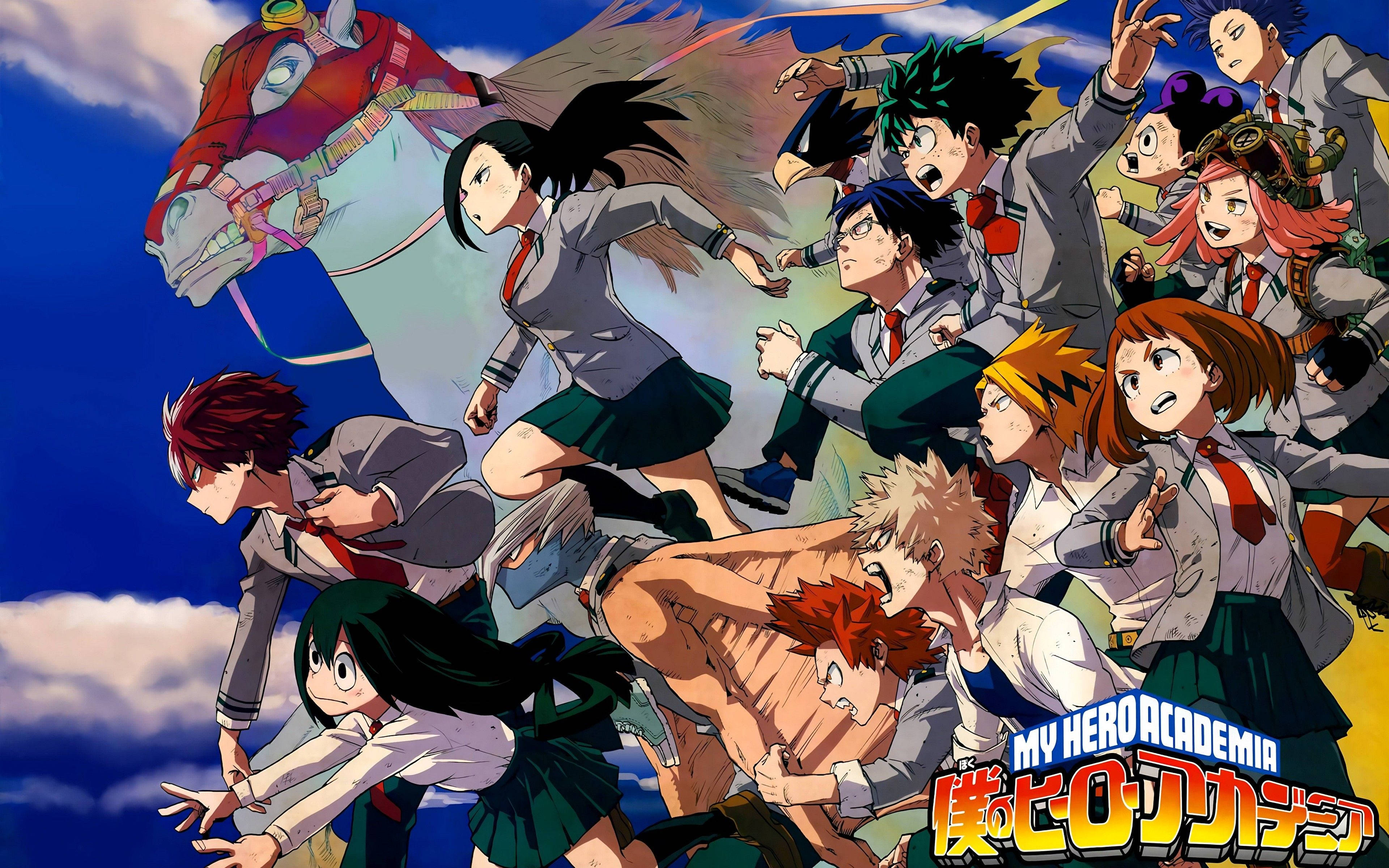 My Hero Academia Logo, anime characters, school uniforms, 4K Desktop Wallpaper