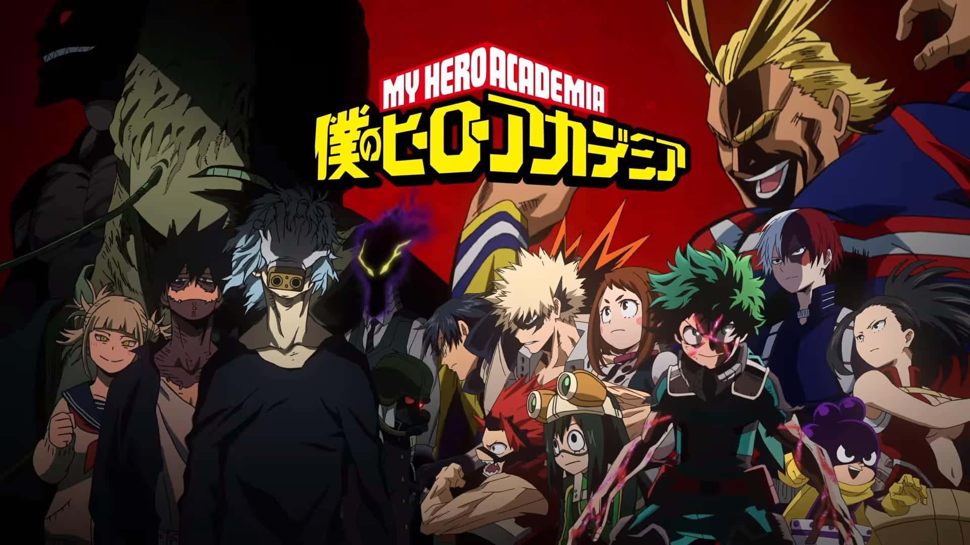 My Hero Academia, red background, glowing title text, Full HD Desktop Wallpaper