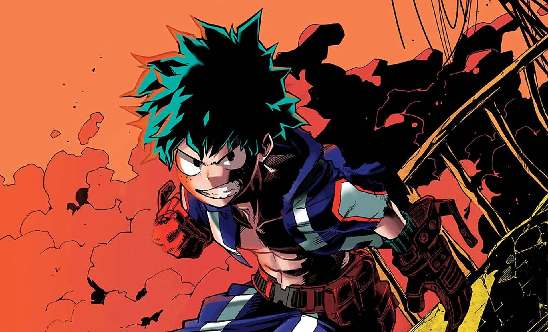My Hero Academia, spiky teal and black hair, fiery orange background, Full HD Desktop Wallpaper