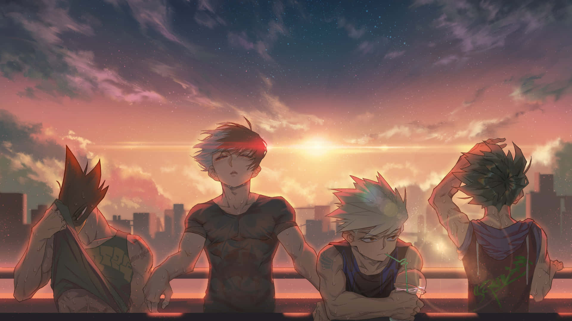 My Hero Academia, laptop, warm sunset, Full HD Desktop Wallpaper