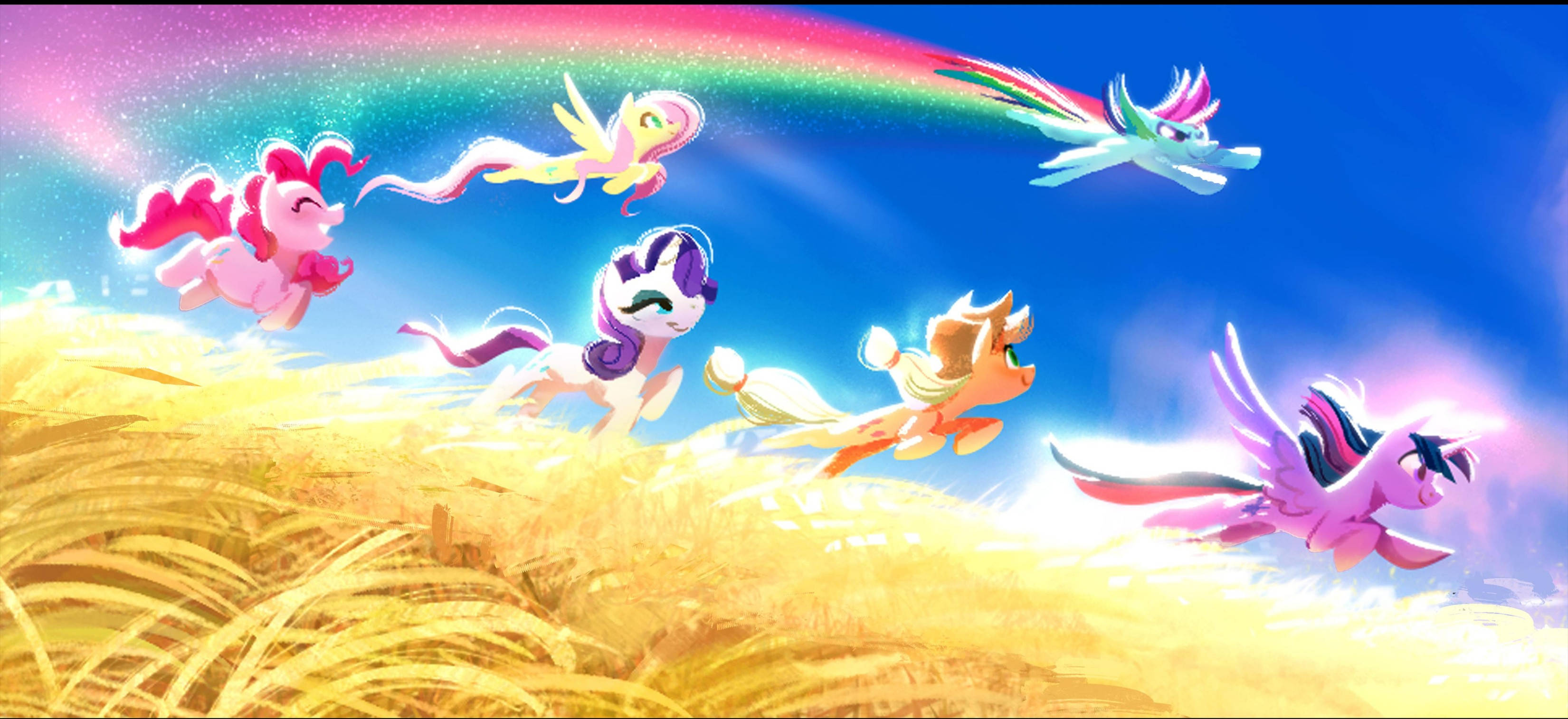 My Little Pony, golden field, vibrant rainbow, 2K Desktop Wallpaper