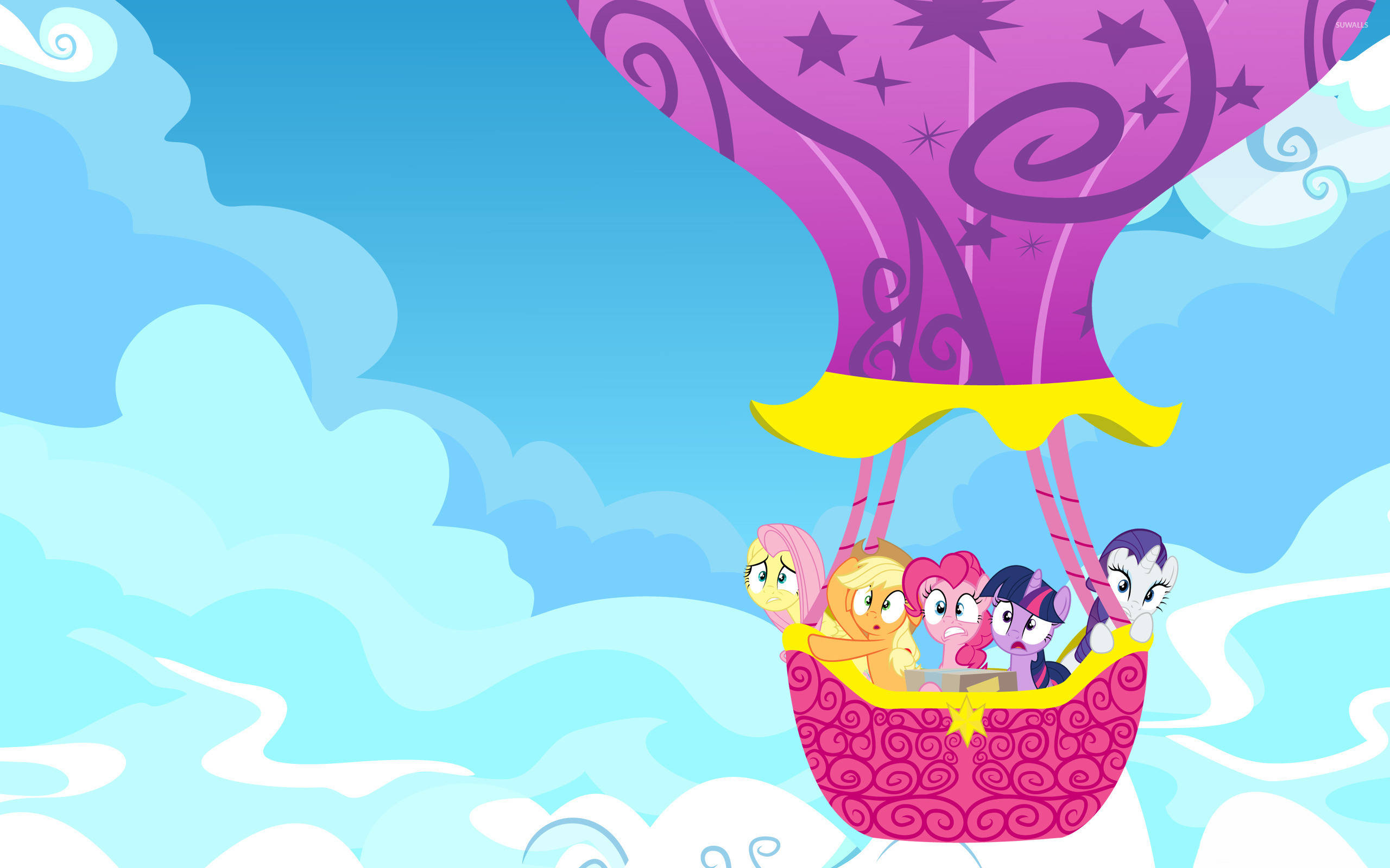 My Little Pony, purple star-patterned hot air balloon, fluffy blue clouds, 2K Desktop Wallpaper