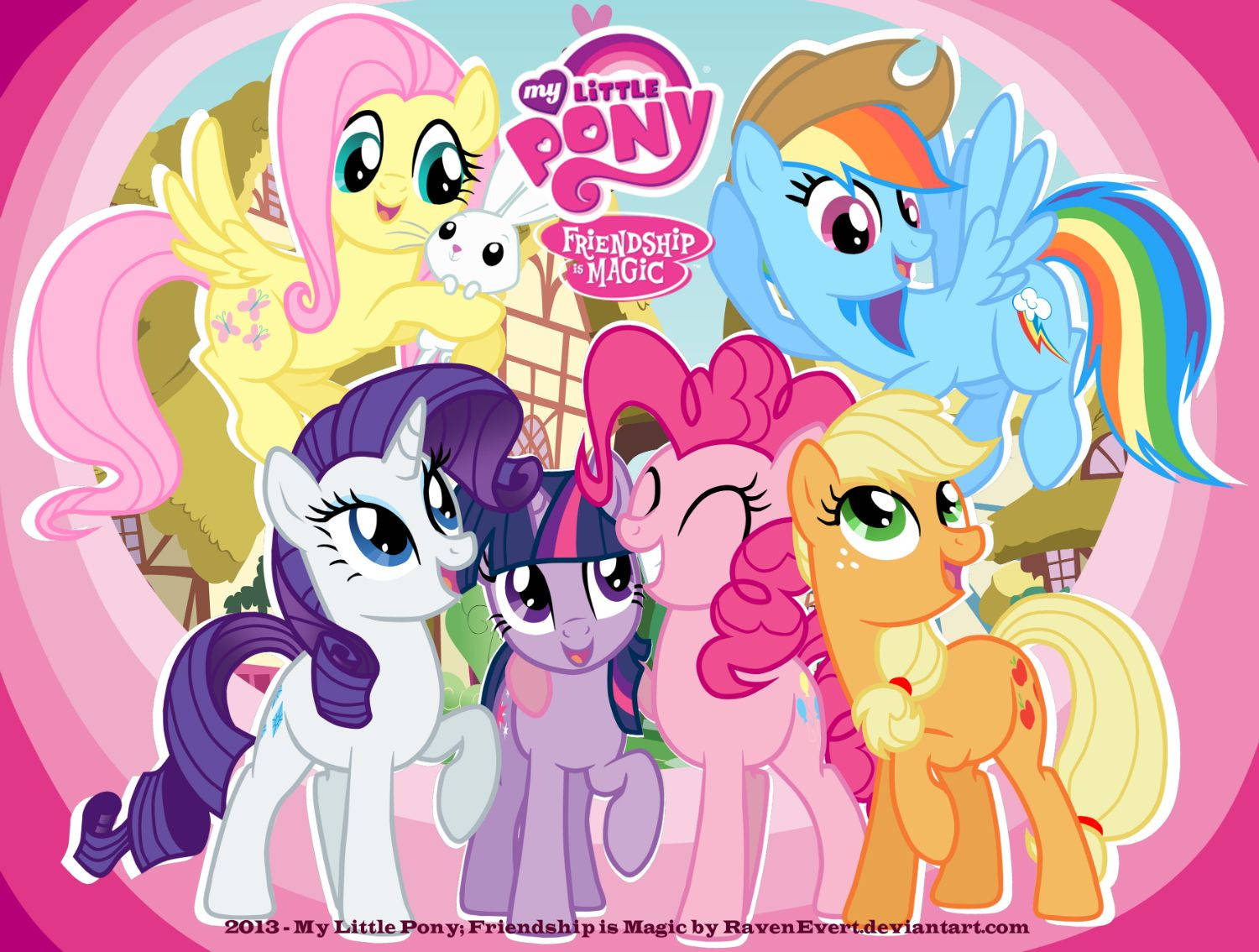 My Little Pony, rainbow manes, pink heart-shaped background, HD Desktop Wallpaper