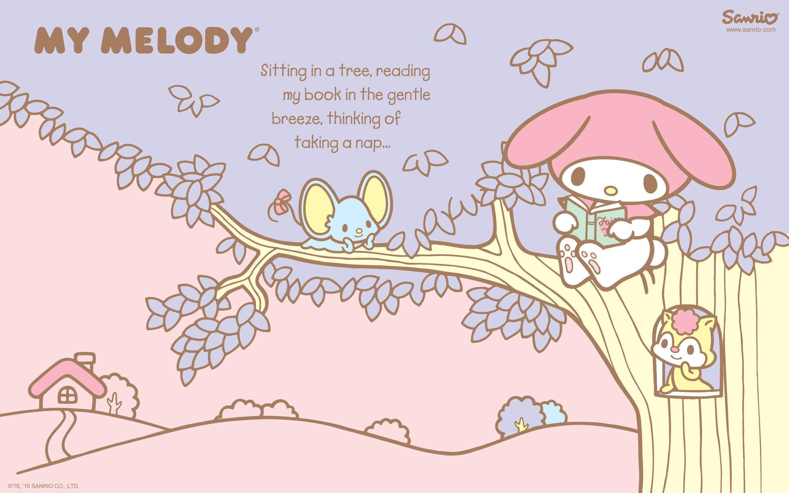 My Melody, tree branch, book, 2K Desktop Wallpaper