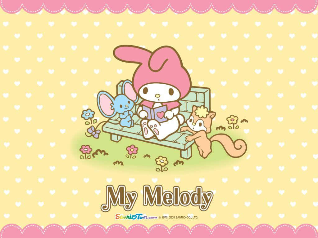 My Melody, bench, flowers, SD Desktop Wallpaper