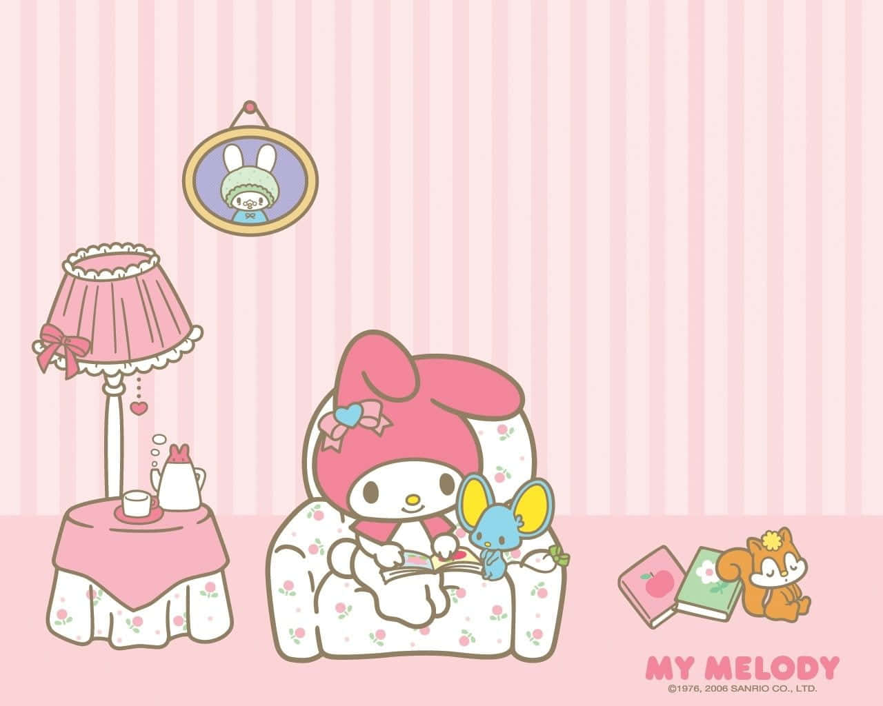 My Melody, floral armchair, blue mouse friend, HD Desktop Wallpaper
