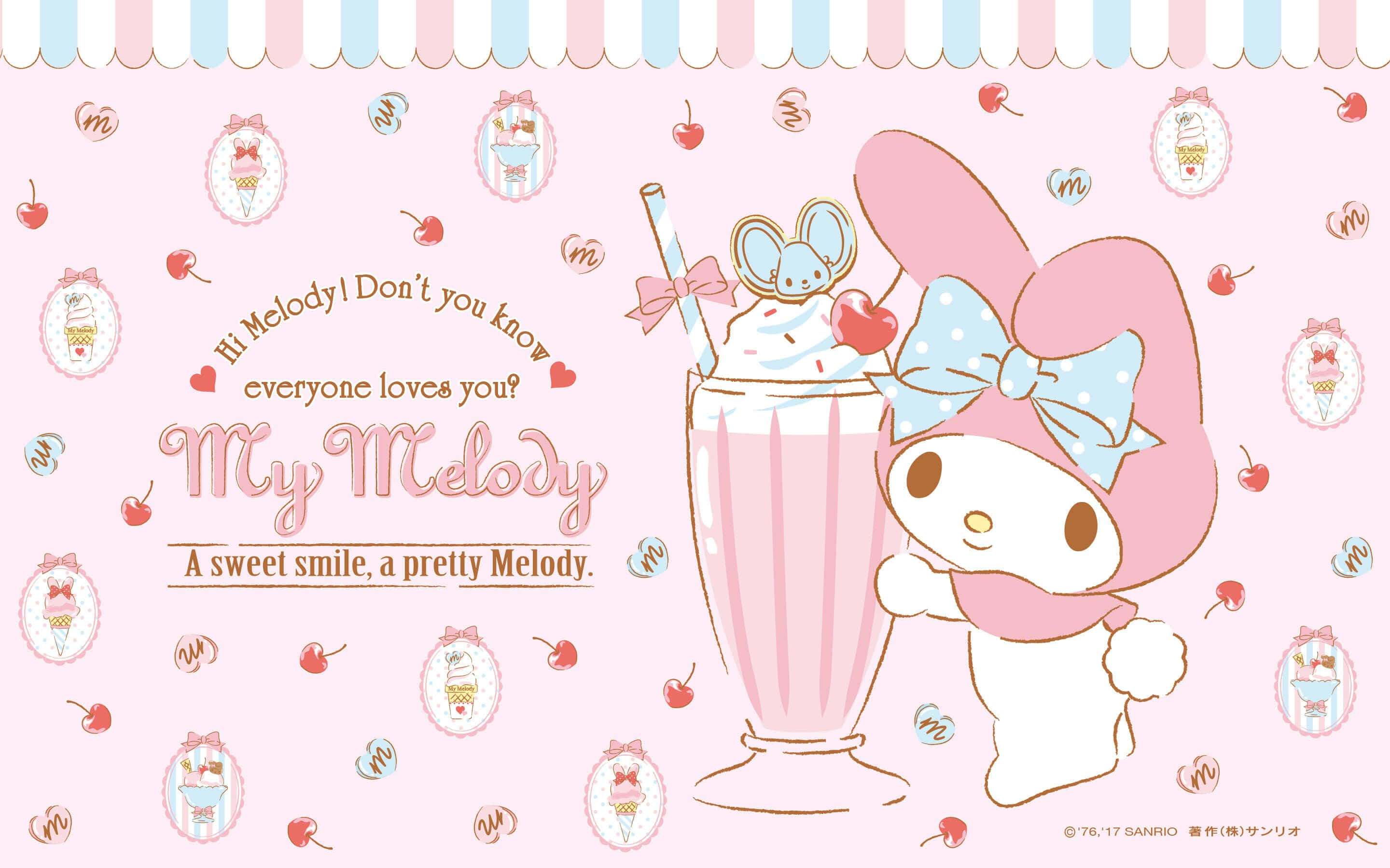 My Melody, pink milkshake, cherries, 2K Desktop Wallpaper
