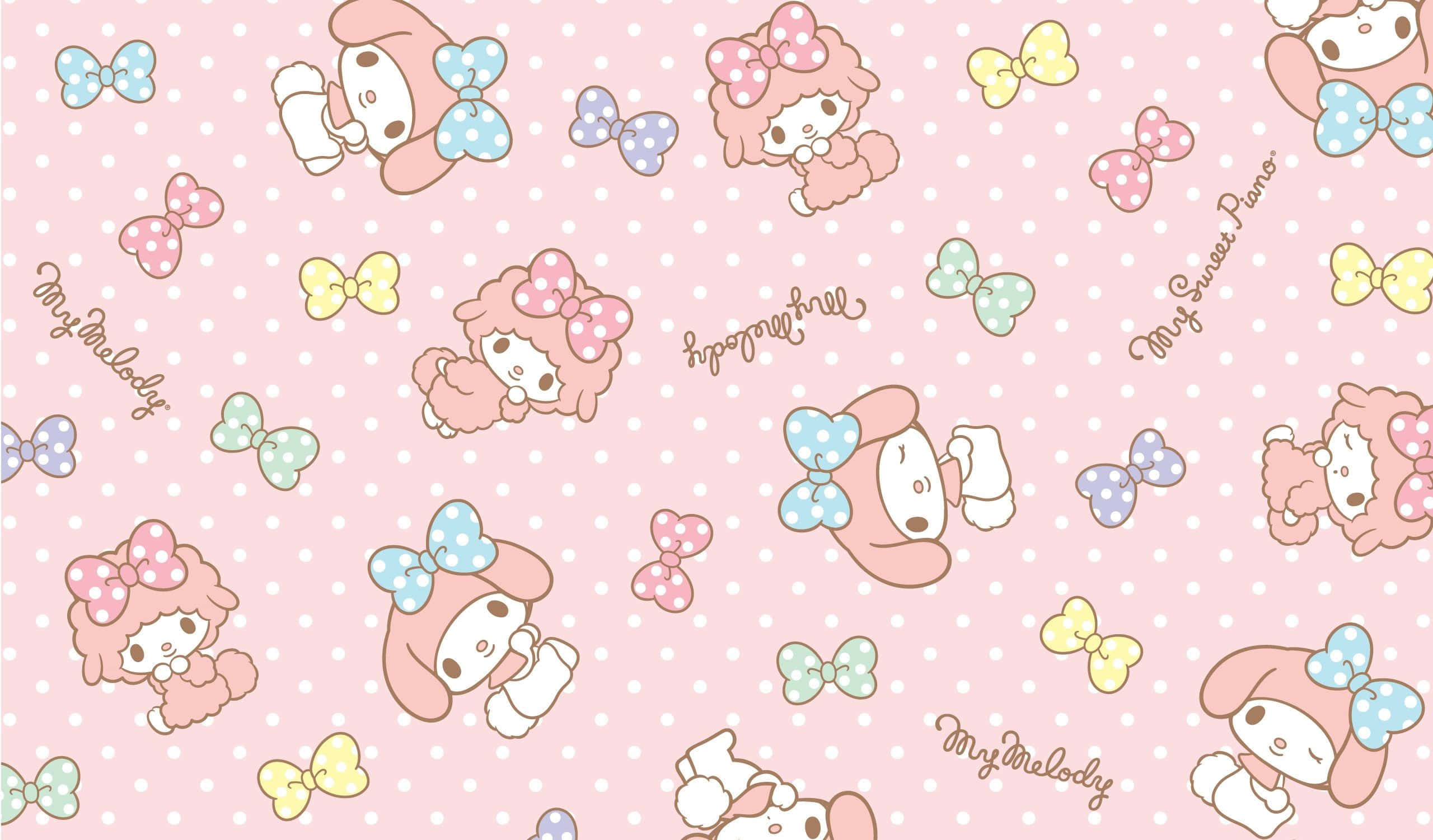 My Melody, pink polka dot background, bows, 2K Desktop Wallpaper
