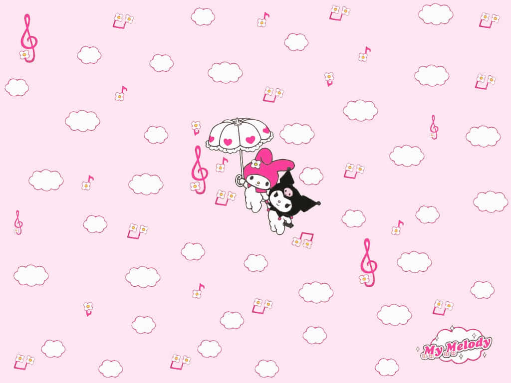 My Melody, heart-patterned umbrella, floating clouds, SD Desktop Wallpaper
