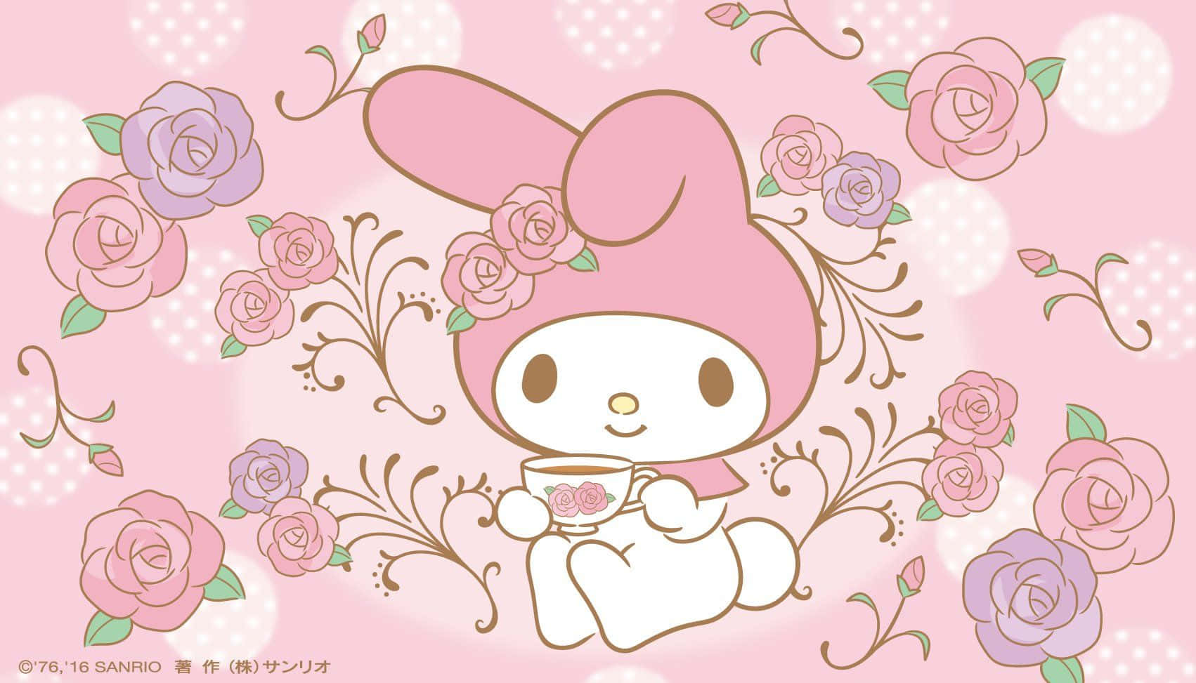 My Melody, pink and purple flowers, floral teacup, HD Desktop Wallpaper