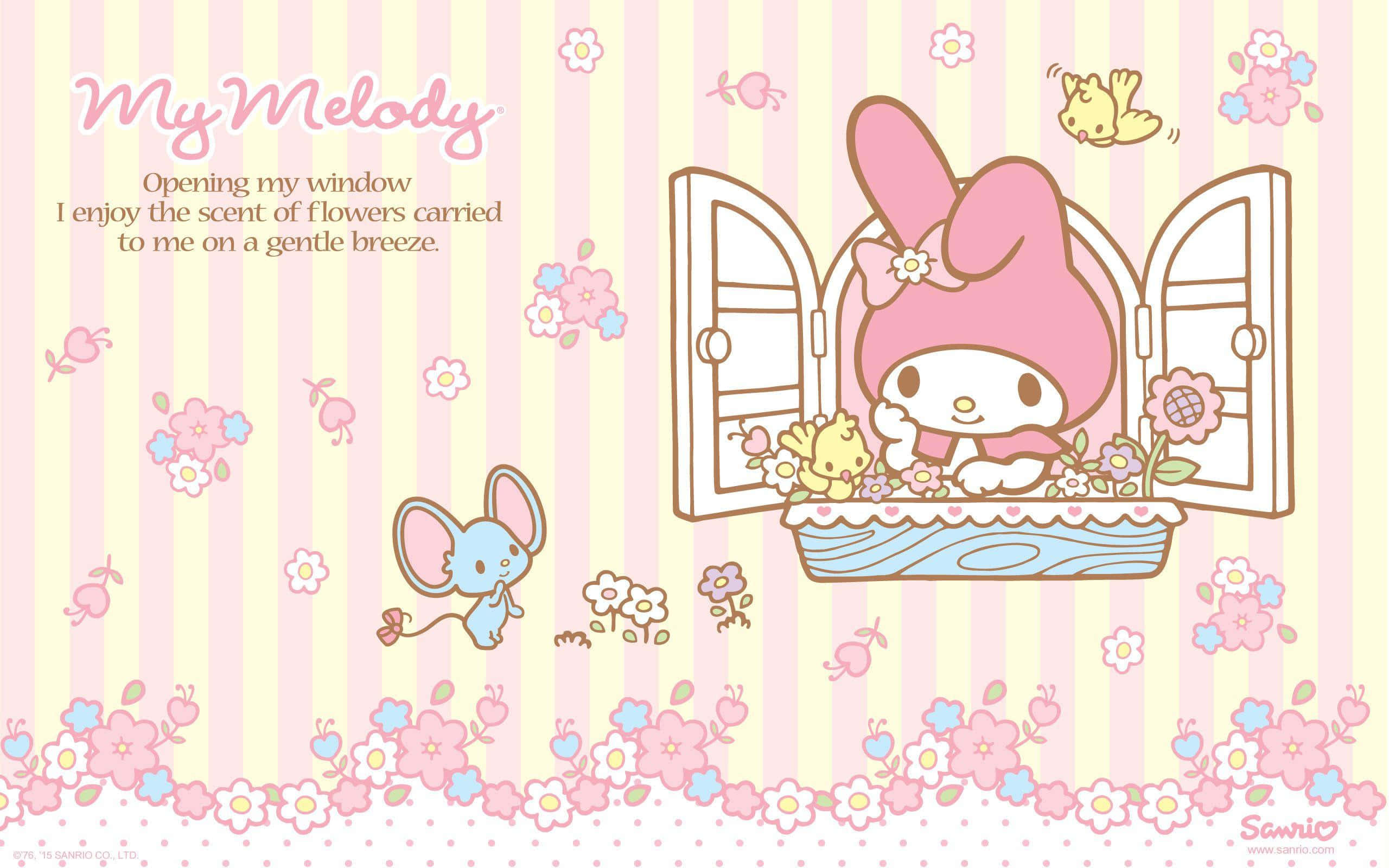 My Melody, flower-filled window box, striped wallpaper, 2K Desktop Wallpaper
