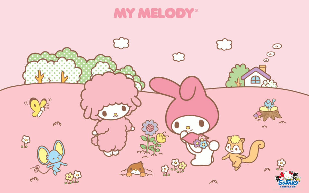 My Melody, pastel pink meadow, flowers, SD Desktop Wallpaper