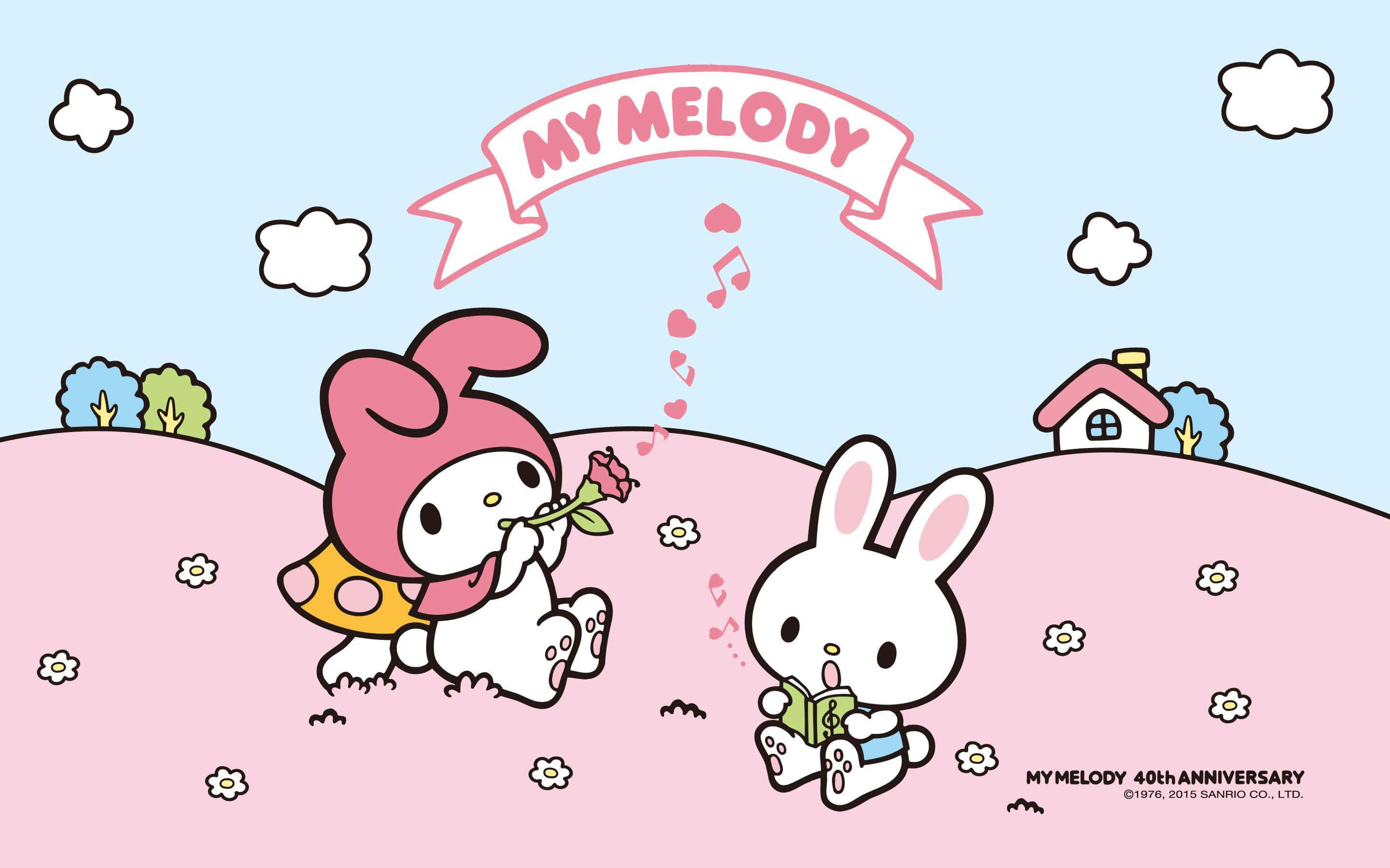 My Melody, white bunny, pink hills, 2K Desktop Wallpaper