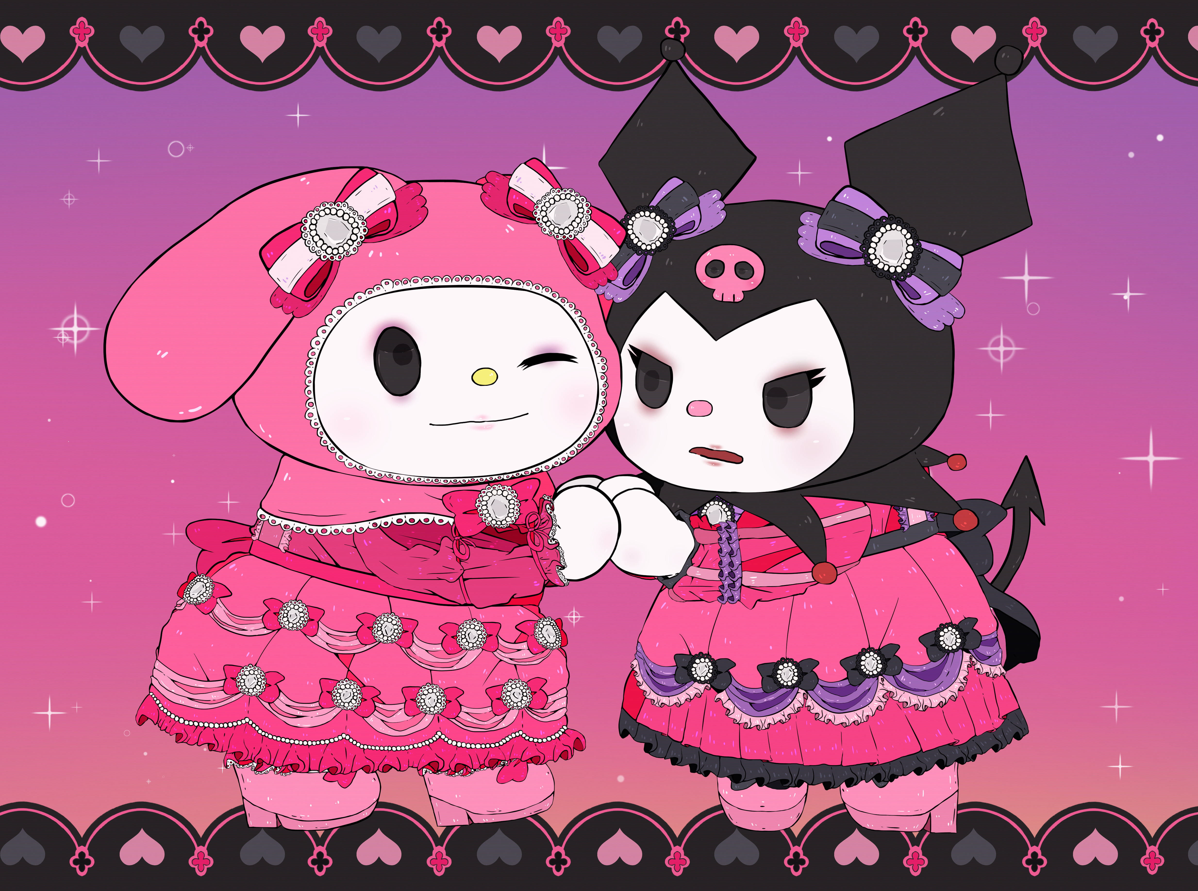 My Melody, Kuromi, pink gowns, 4K Desktop Wallpaper