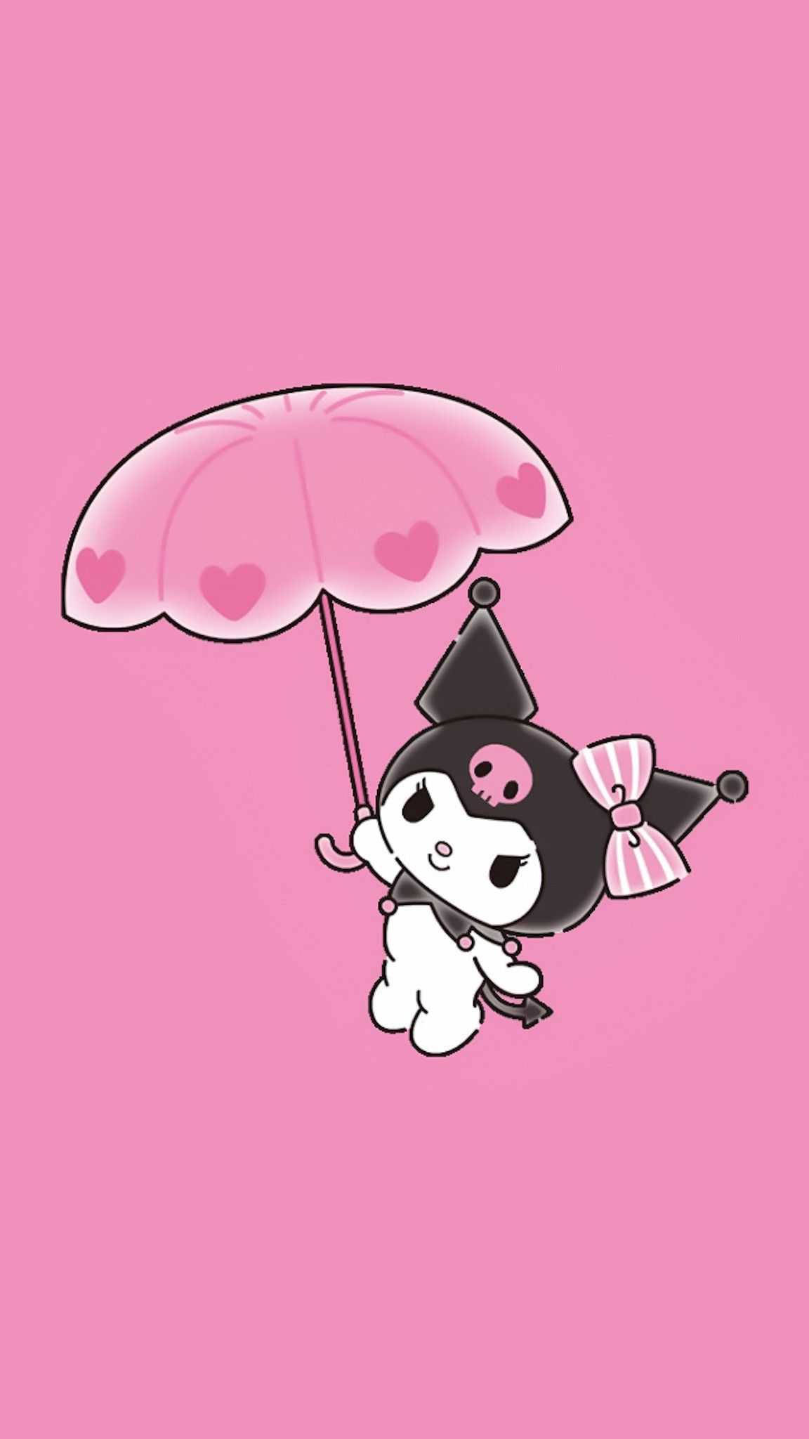 My Melody Kuromi, pink heart umbrella, black and white cartoon character, Full HD Phone Wallpaper