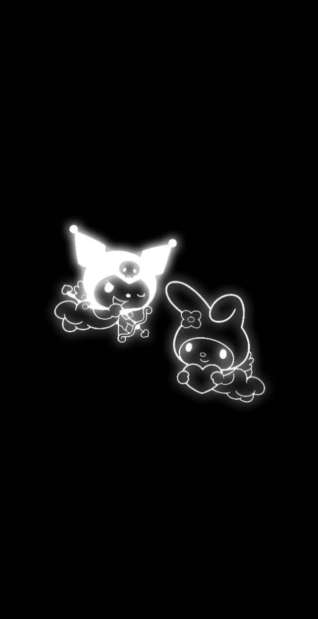 My Melody Kuromi, line drawing, glowing white, Full HD Phone Wallpaper