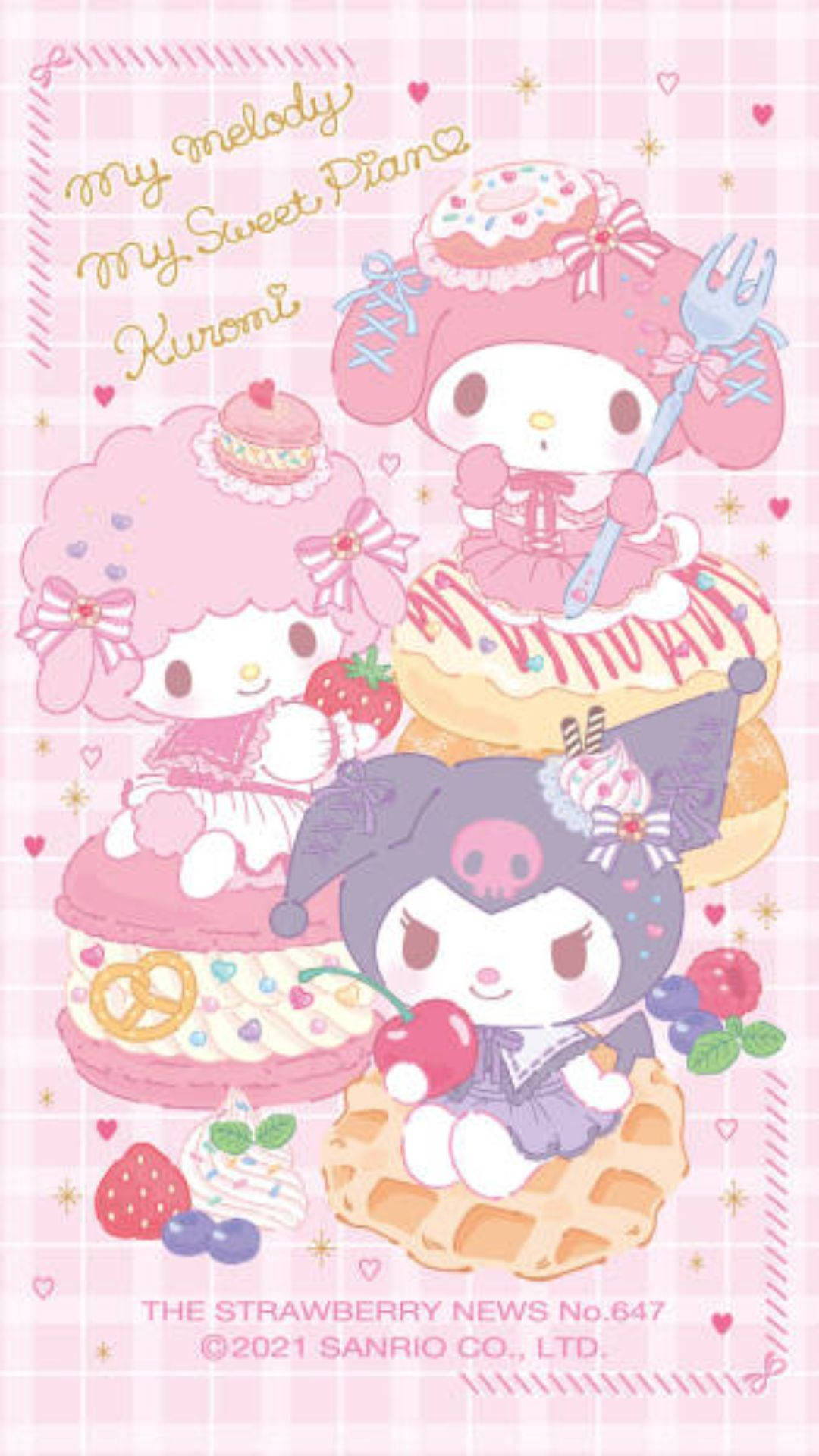 My Melody, Kuromi, pink checkered background, Full HD Phone Wallpaper