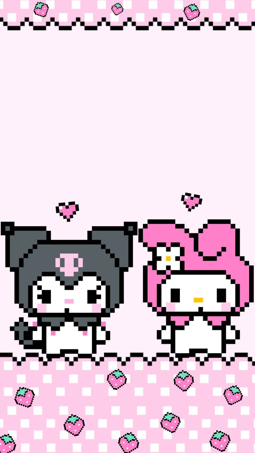 My Melody Kuromi, pixel art, pink strawberry patterned border, Full HD Phone Wallpaper