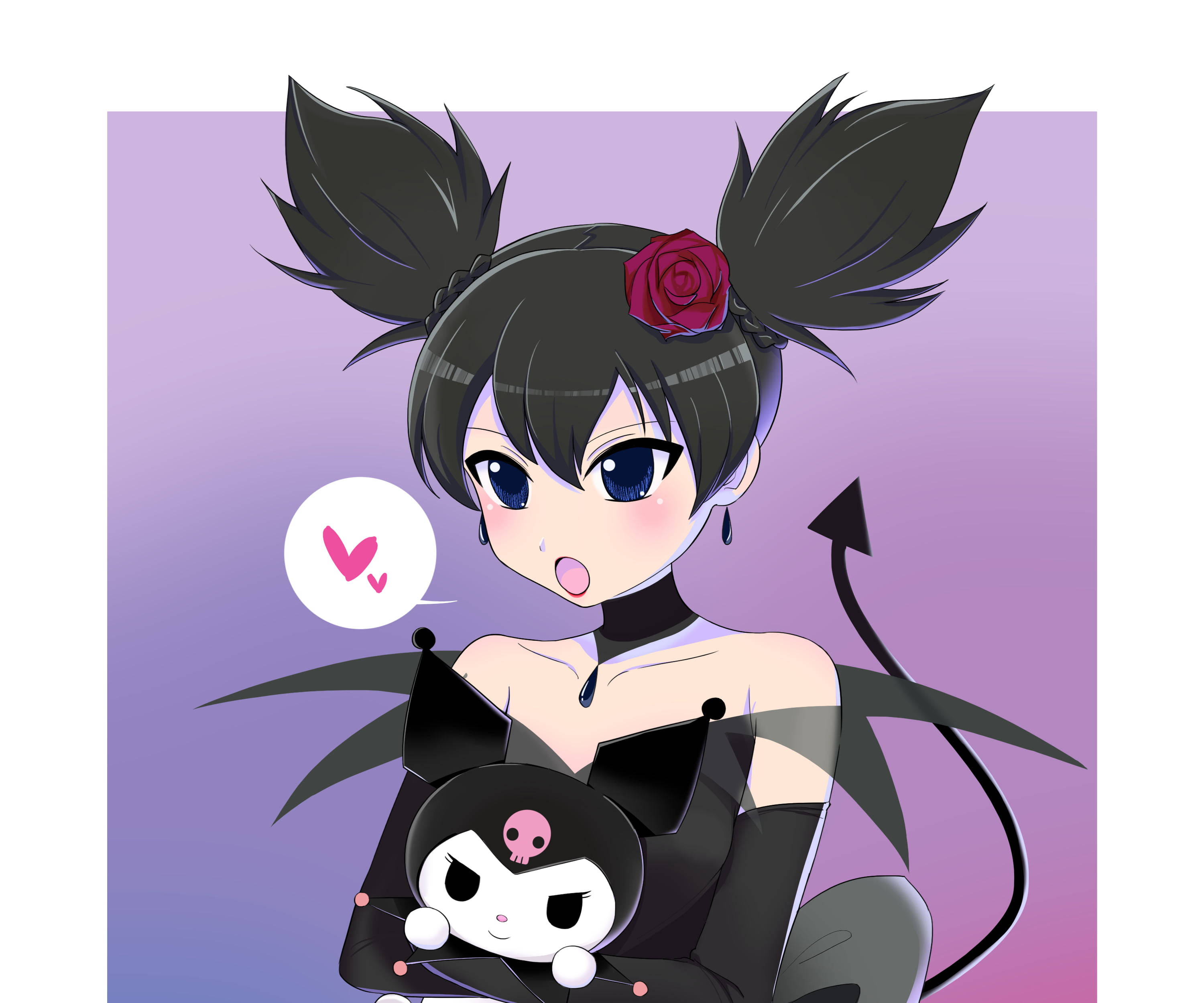 My Melody Kuromi, black pigtails, red rose, 2K Desktop Wallpaper