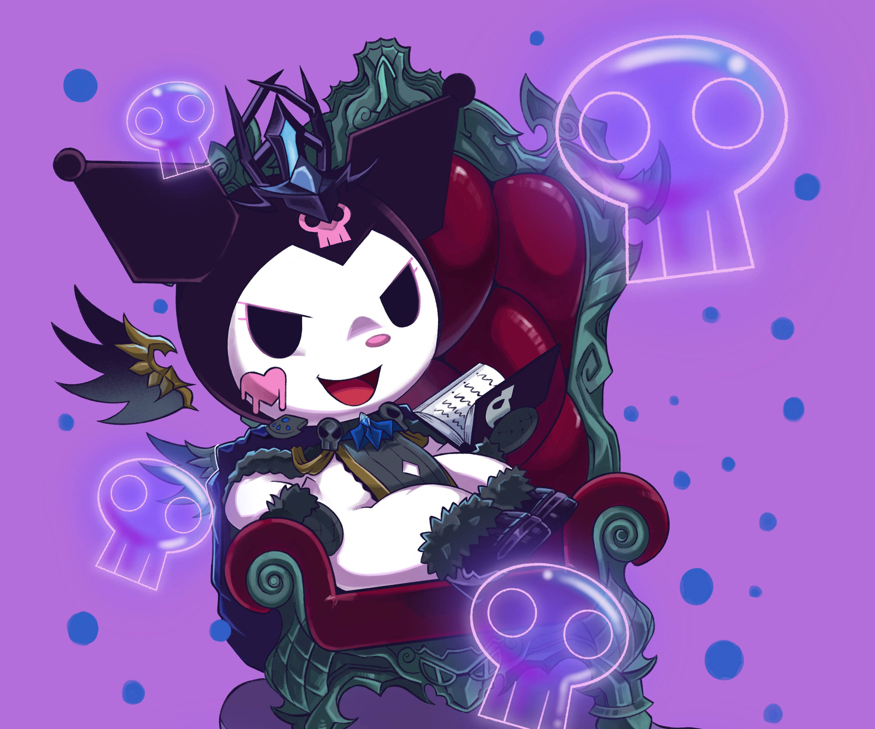 My Melody Kuromi, chibi-style anime character, black hat, 2K Desktop Wallpaper