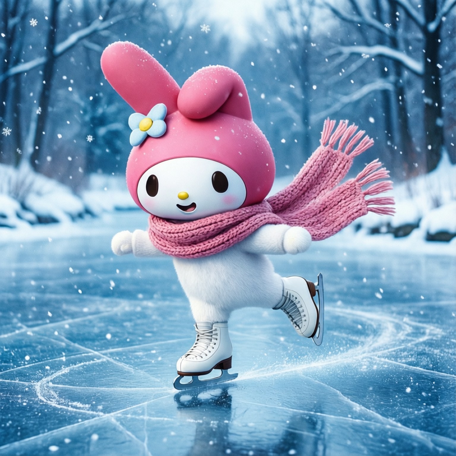 My Melody, winter skating, snowy winter landscape, HD Desktop Wallpaper