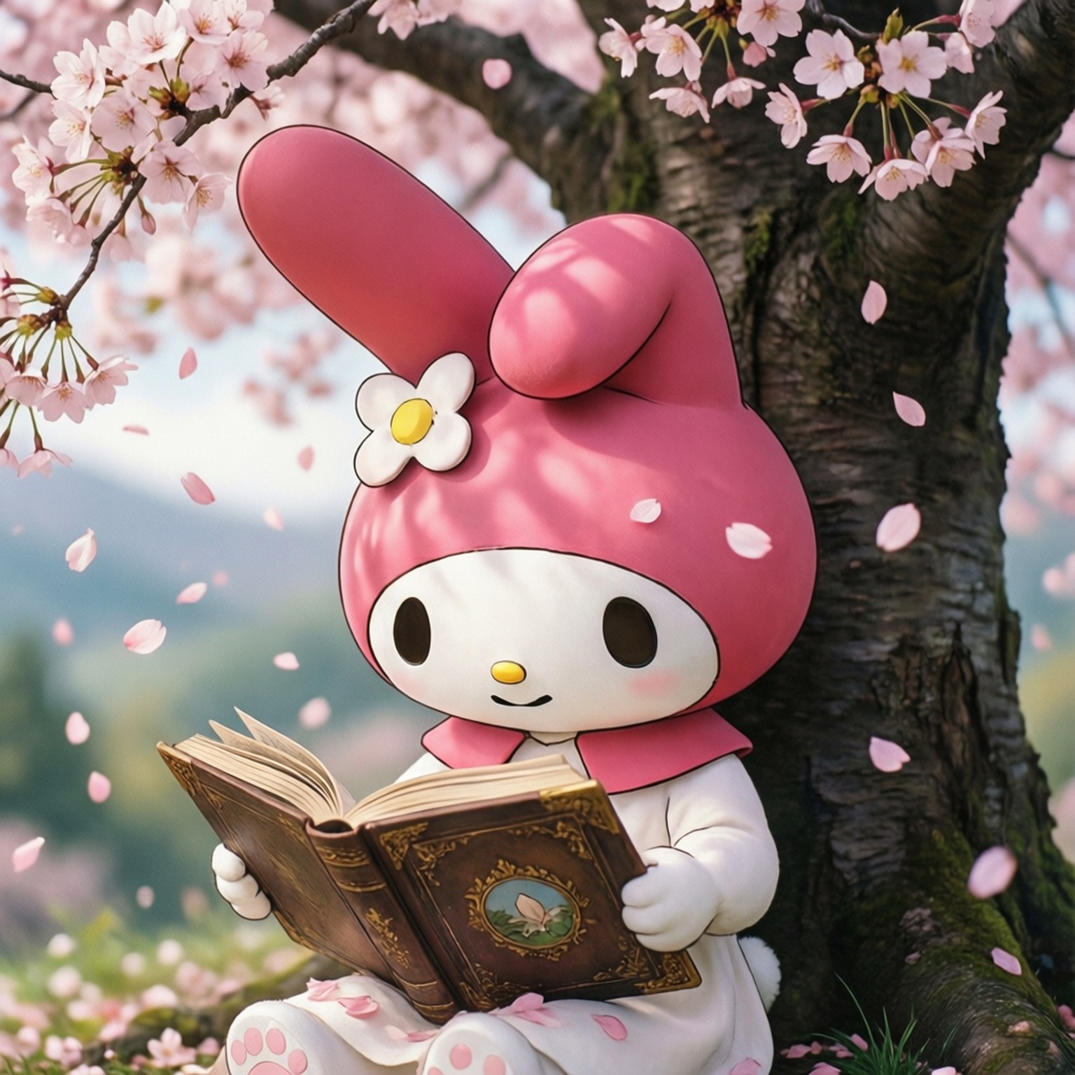 My Melody, cherry blossoms, reading, HD Desktop Wallpaper