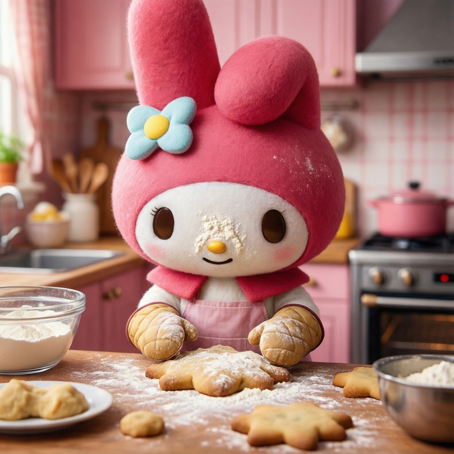 My Melody, baking cookies, pink kitchen, HD Desktop Wallpaper