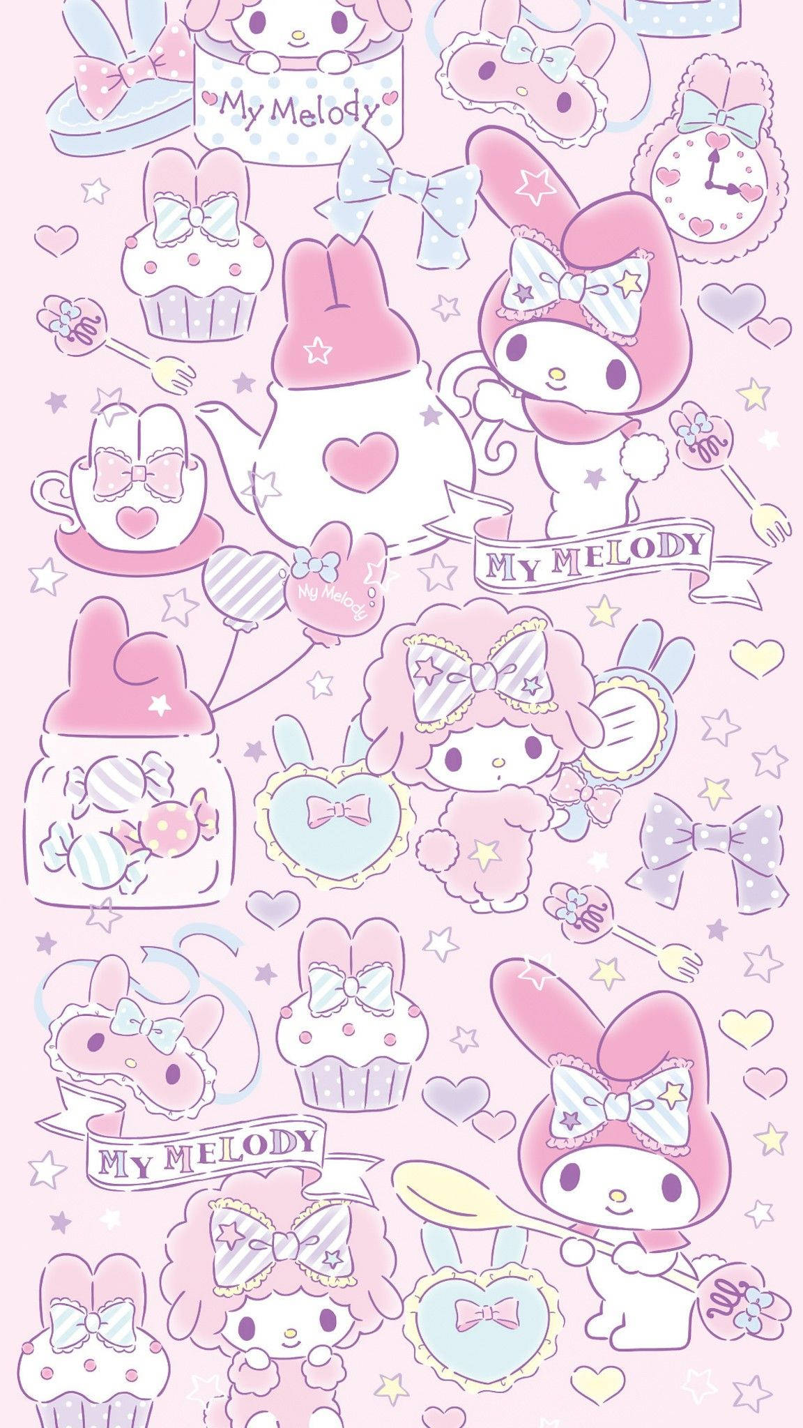 My Melody, pastel pink, hearts, Full HD Phone Wallpaper