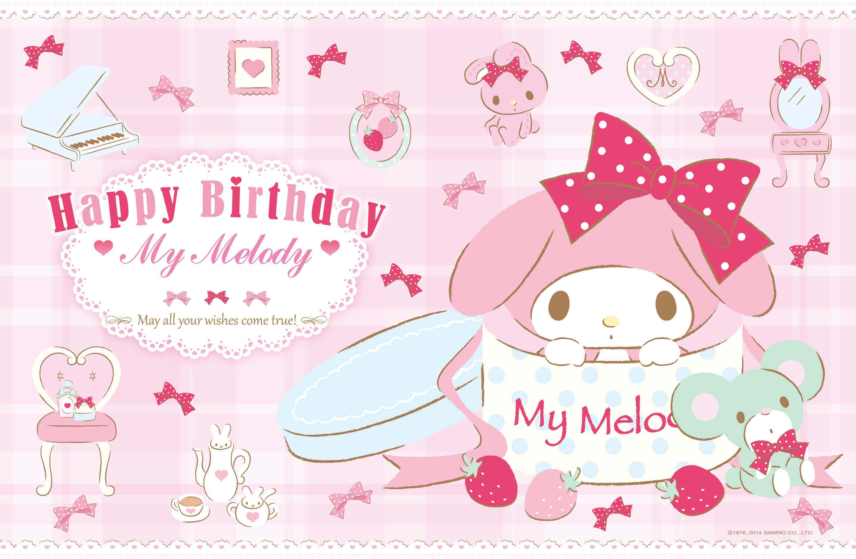 My Melody, birthday cake, pink bows, 2K Desktop Wallpaper