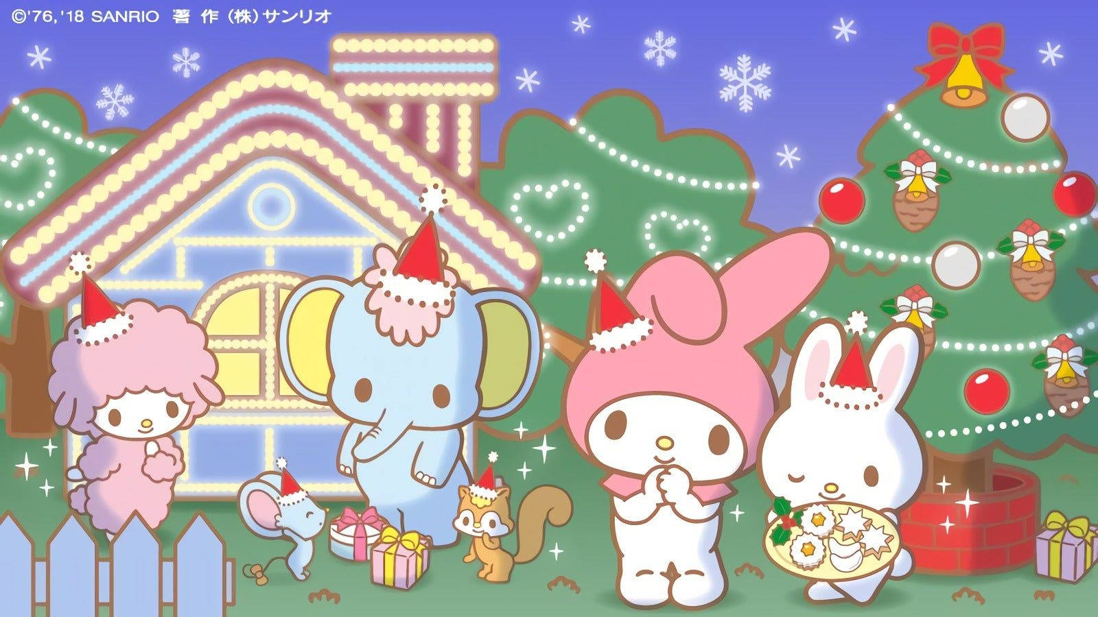 My Melody, Christmas season, festive red hats, HD Desktop Wallpaper