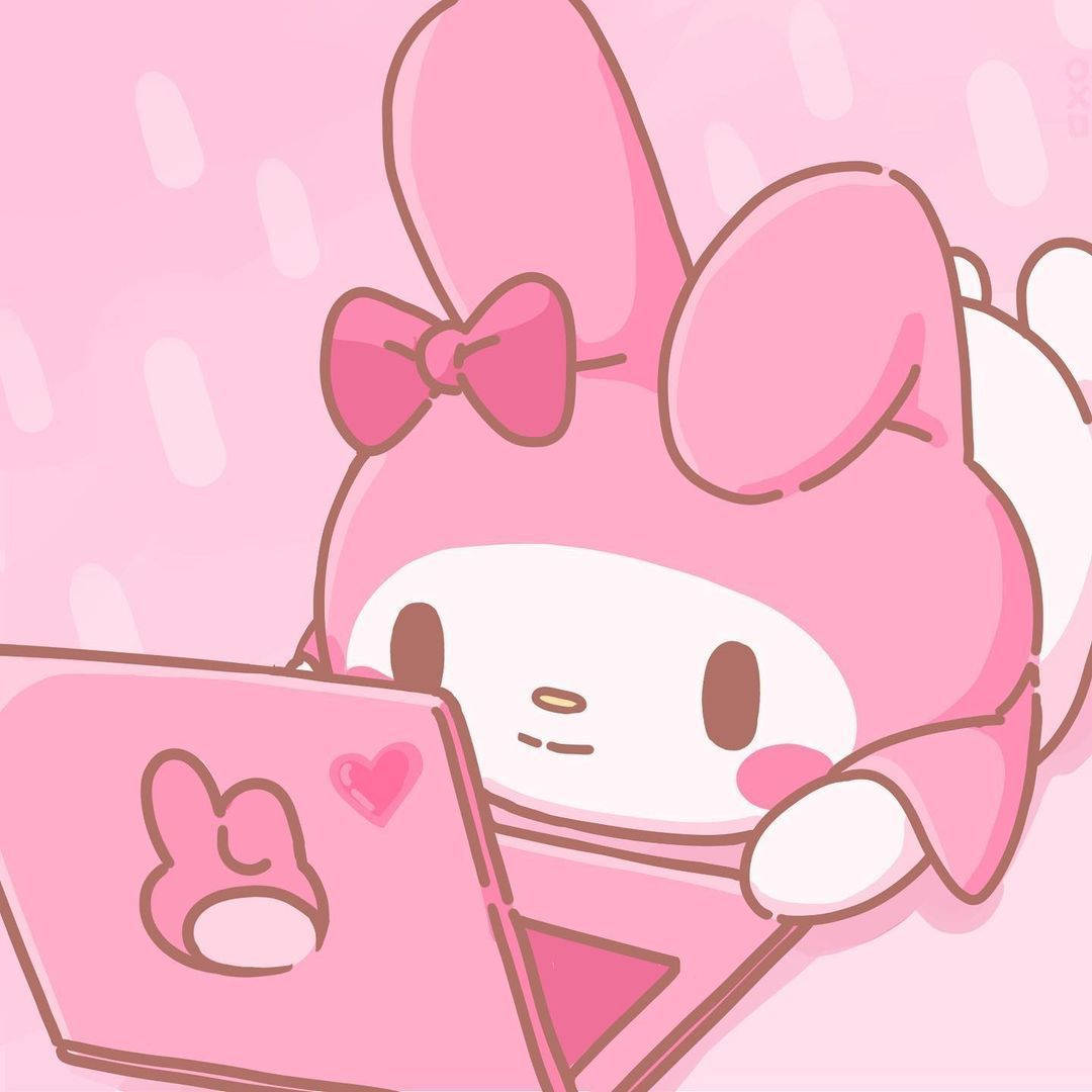 My Melody, pink laptop, pink background, SD Desktop Wallpaper