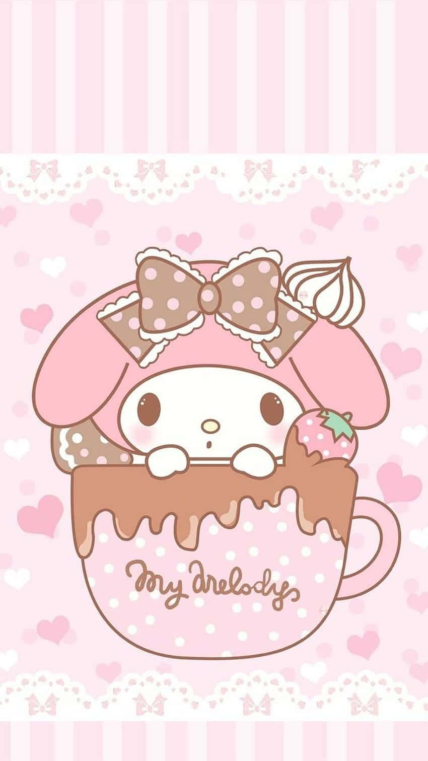 My Melody, strawberry-topped chocolate cupcake, pastel pink heart-patterned background, HD Phone Wallpaper