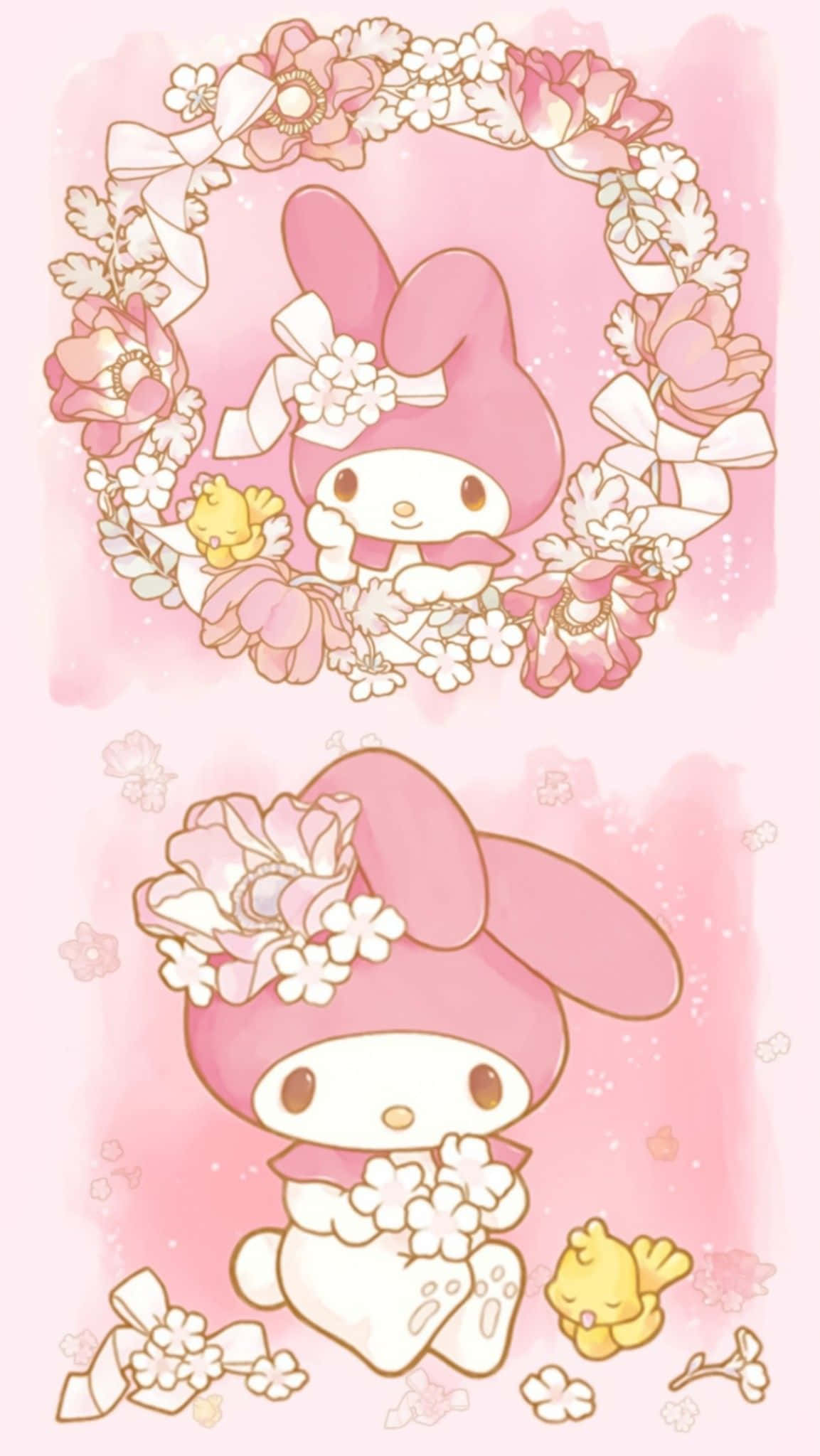 My Melody, floral wreaths, petals, Full HD Phone Wallpaper