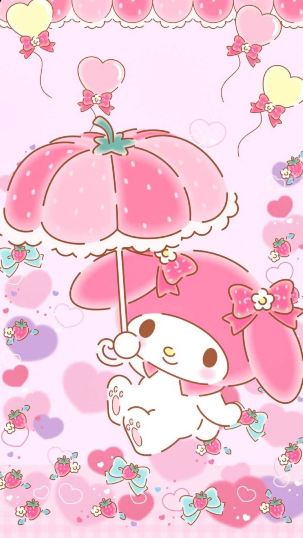 My Melody, strawberry-themed umbrella, pastel pink world, Full HD Phone Wallpaper