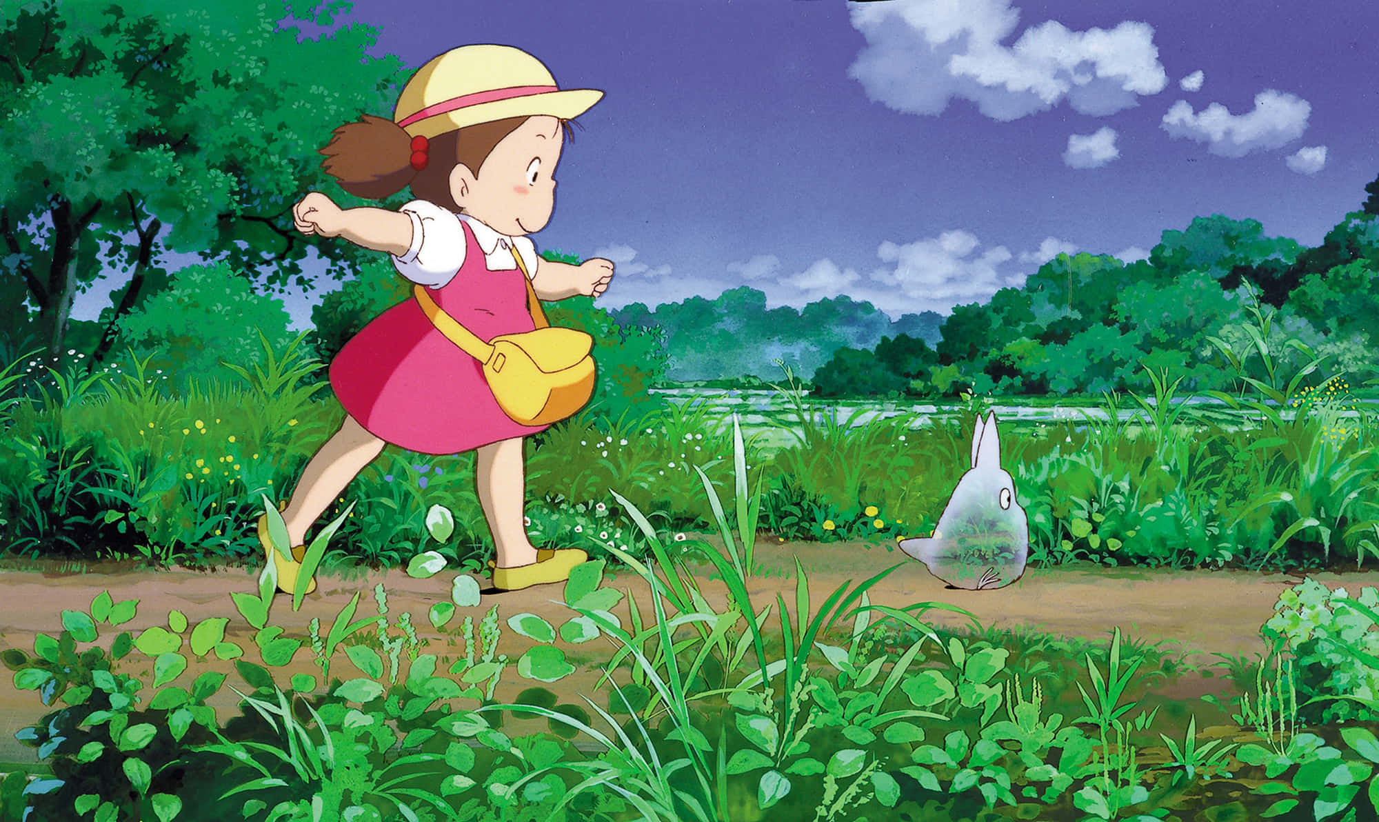 My Neighbor Totoro, pink dress, yellow hat, Full HD Desktop Wallpaper