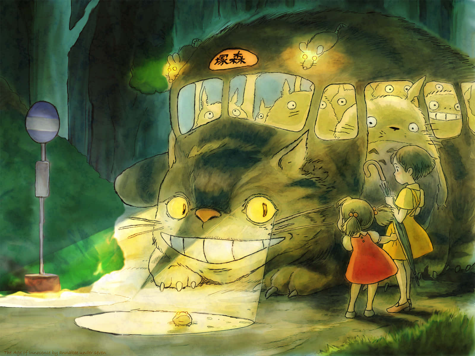 My Neighbor Totoro, cat bus, children with umbrellas, HD Desktop Wallpaper