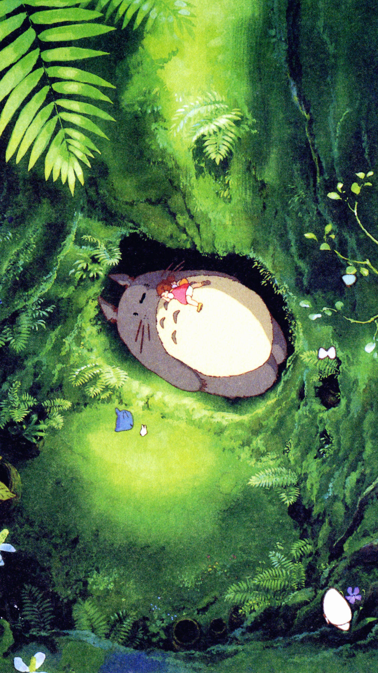 Totoro, lush green forest hollow, young girl, Full HD Phone Wallpaper